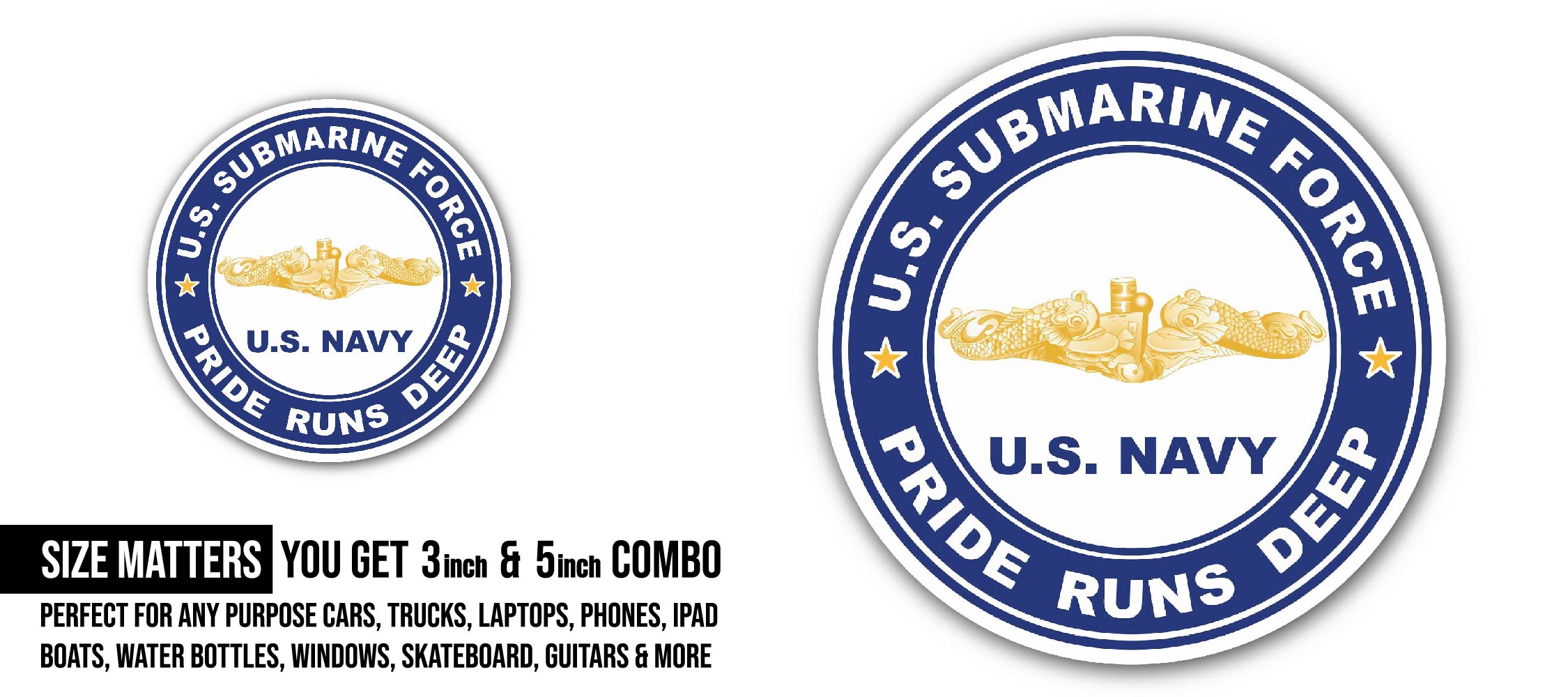 US Submarine Force Pride Runs Deep Gold Dolphins Sticker, Waterproof Vinyl Decal Sticker Indoor Or Outdoor 2 (Pieces) 3" and 5"