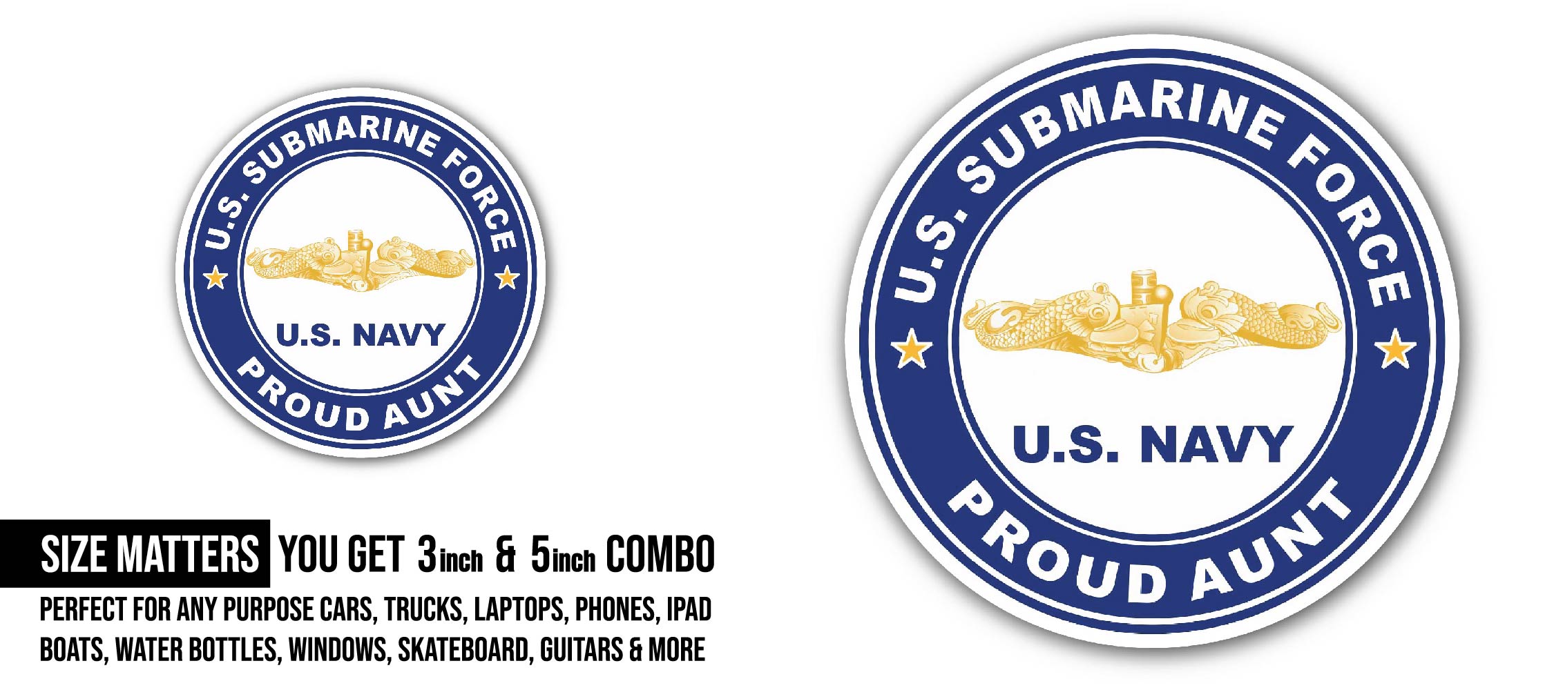 US Submarine Force Proud Aunt Gold Dolphins Sticker, Waterproof Vinyl Decal Sticker Indoor Or Outdoor 2 (Pieces) 3" and 5"