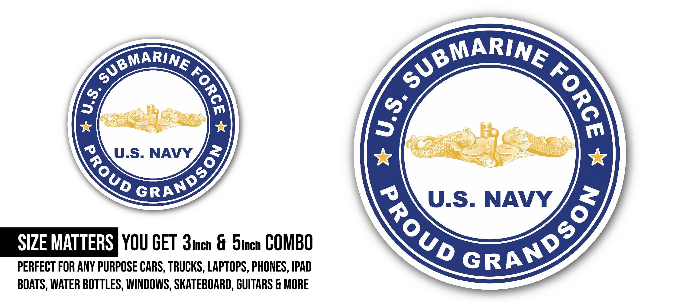 US Submarine Force Proud Granddaughter Gold Dolphins Sticker, Waterproof Vinyl Decal Sticker Indoor Or Outdoor 2 (Pieces) 3" and 5"