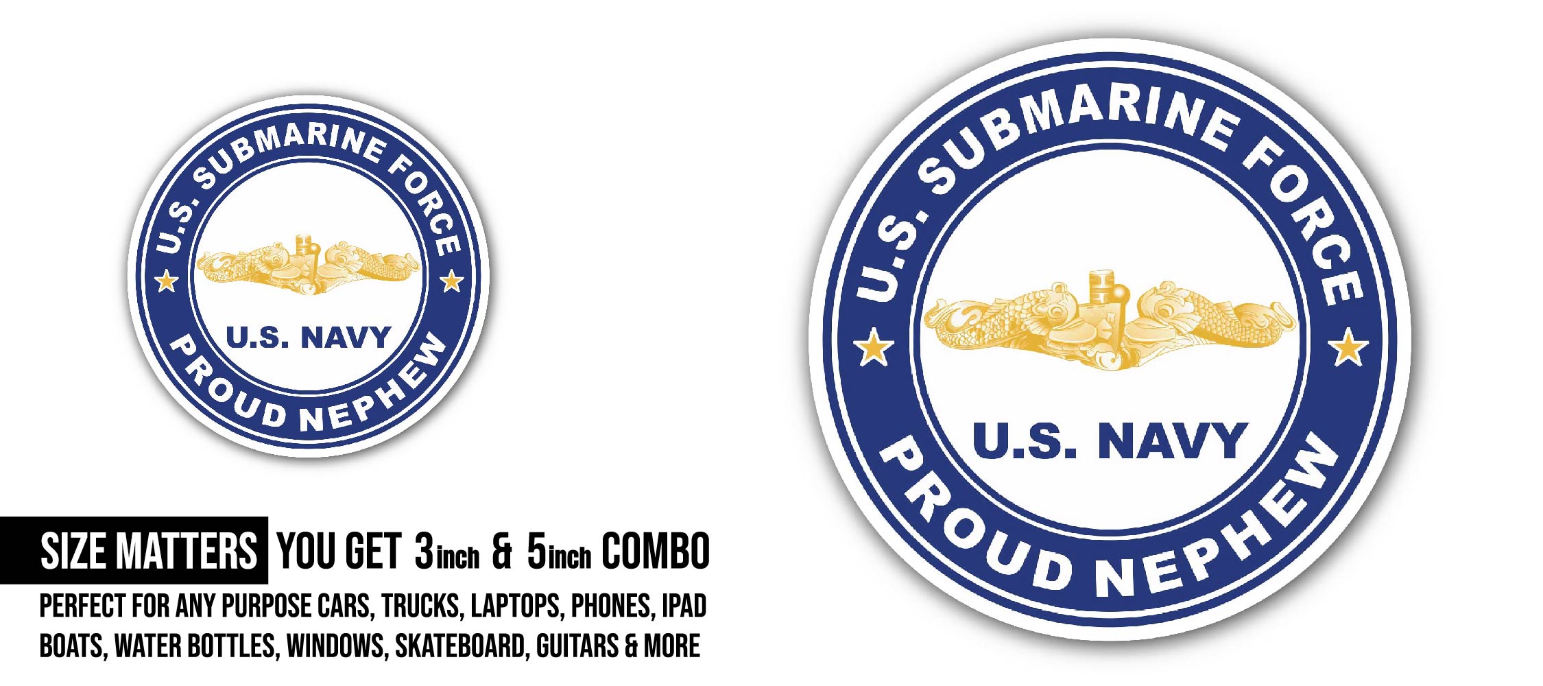 US Submarine Force Proud Mom Gold Dolphins Sticker, Waterproof Vinyl Decal Sticker Indoor Or Outdoor 2 (Pieces) 3" and 5"
