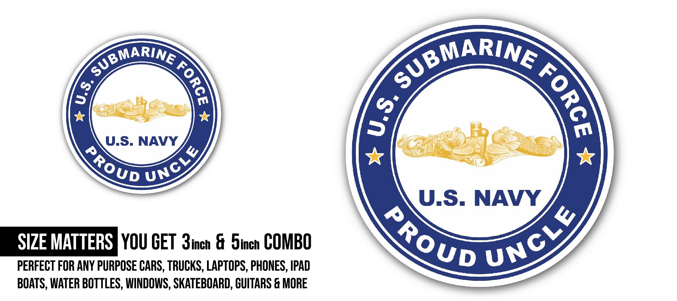 US Submarine Force Proud Uncle Gold Dolphins Sticker, Waterproof Vinyl Decal Sticker Indoor Or Outdoor 2 (Pieces) 3" and 5"