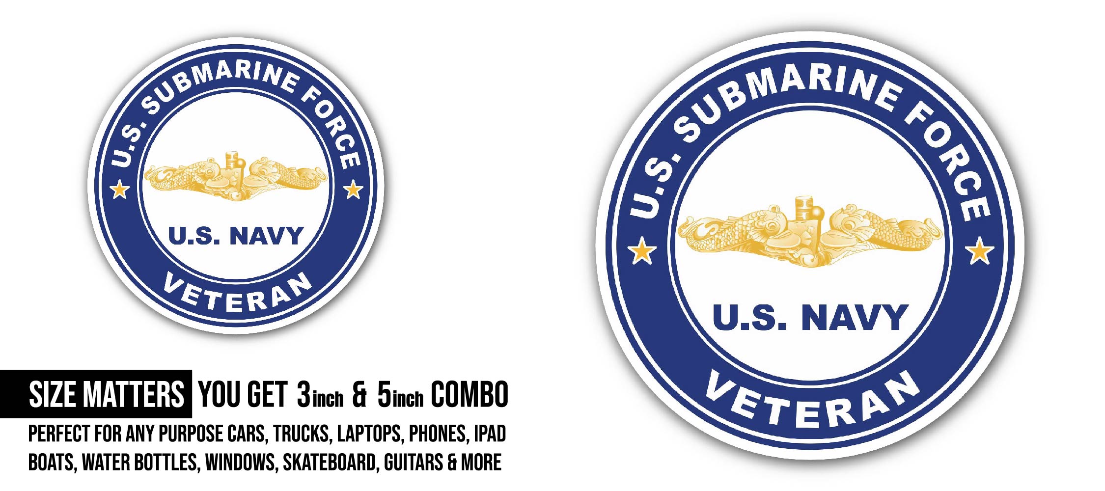 US Submarine Force Veteran Gold Dolphins Sticker, Waterproof Vinyl Decal Sticker Indoor Or Outdoor 2 (Pieces) 3" and 5"