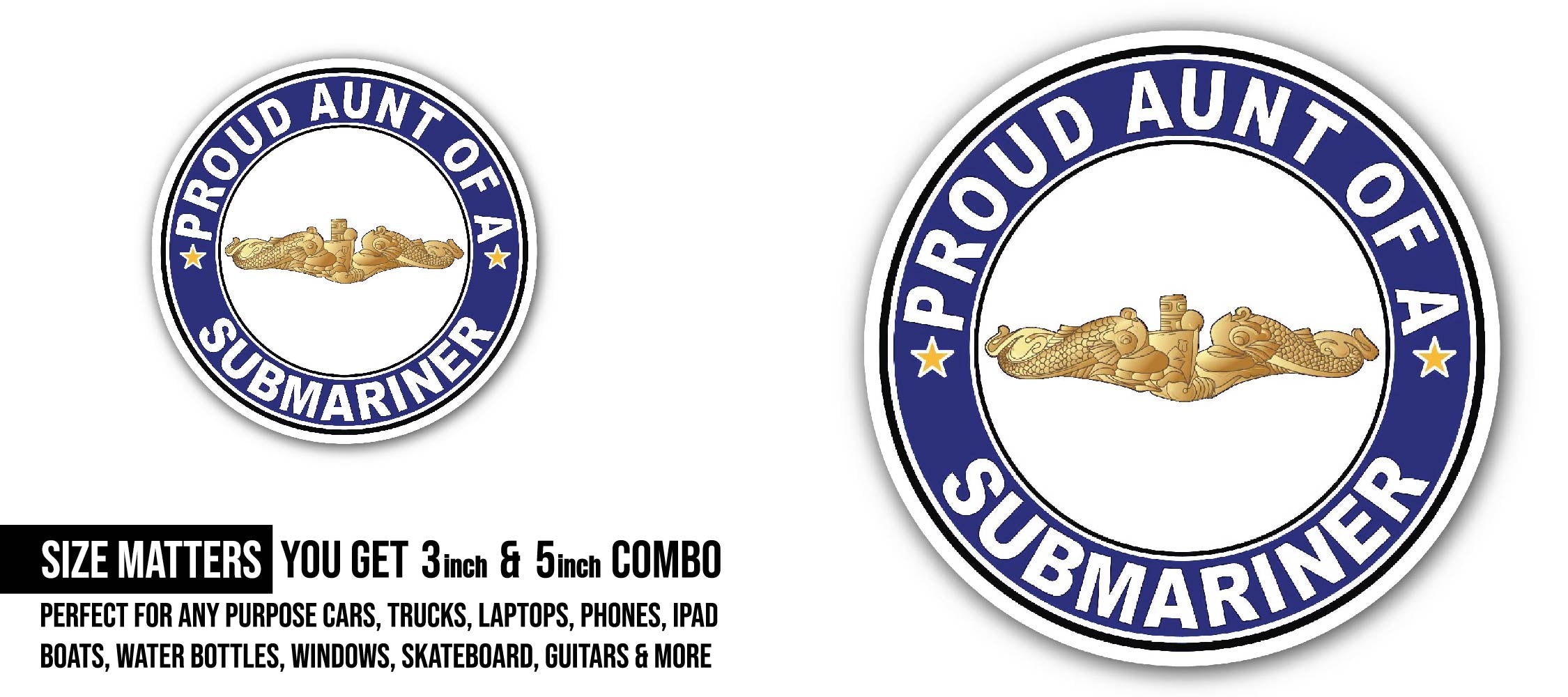 Proud Aunt of a Submariner Gold Dolphins Sticker, Waterproof Vinyl Decal Sticker Indoor Or Outdoor 2 (Pieces) 3" and 5"