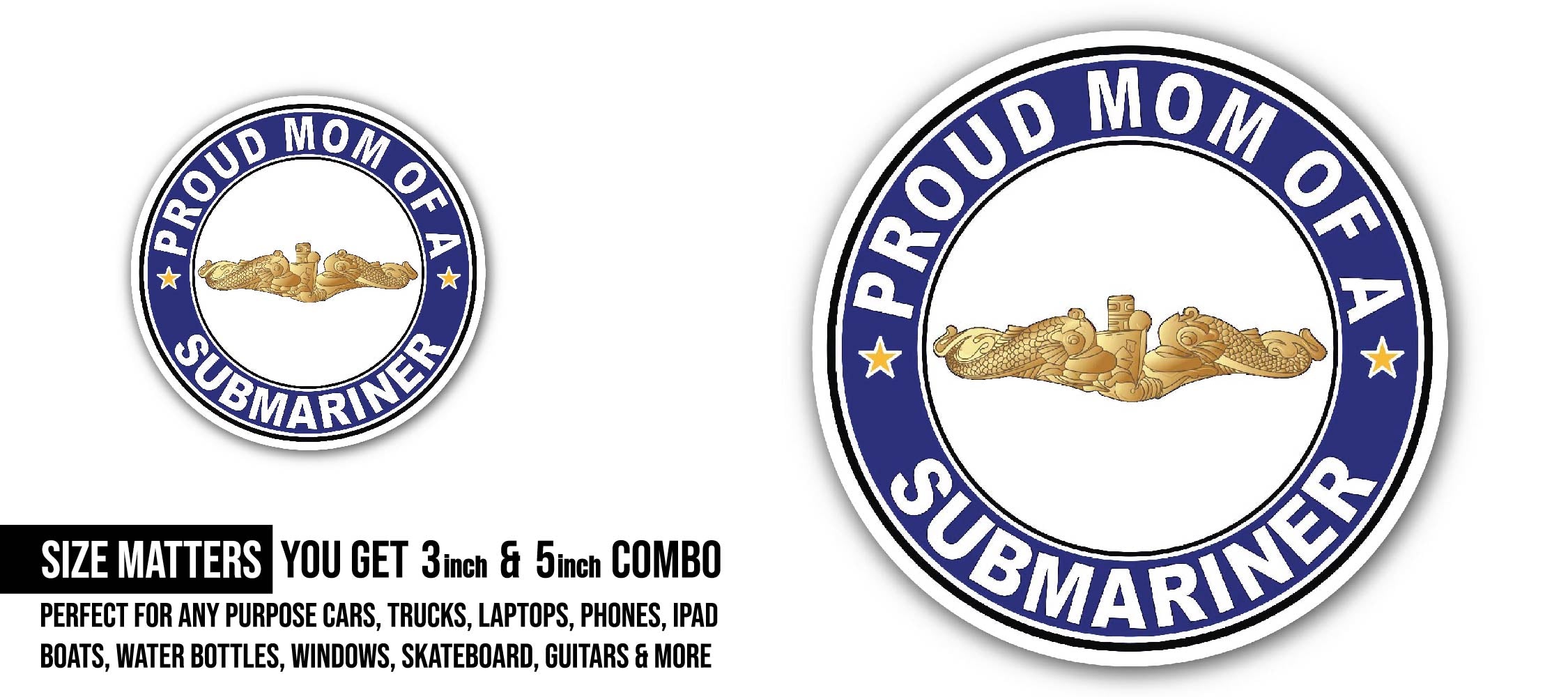 Proud Mom of a Submariner Gold Dolphins Sticker, Waterproof Vinyl Decal Sticker Indoor Or Outdoor 2 (Pieces) 3" and 5"
