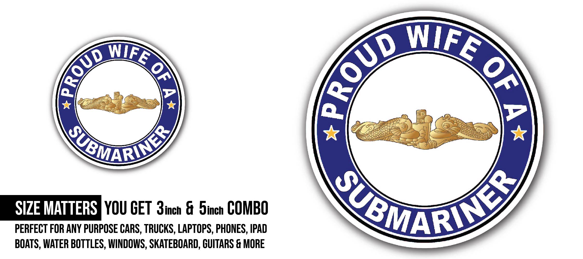 Proud Wife of a Submariner Gold Dolphins Sticker, Waterproof Vinyl Decal Sticker Indoor Or Outdoor 2 (Pieces) 3" and 5"