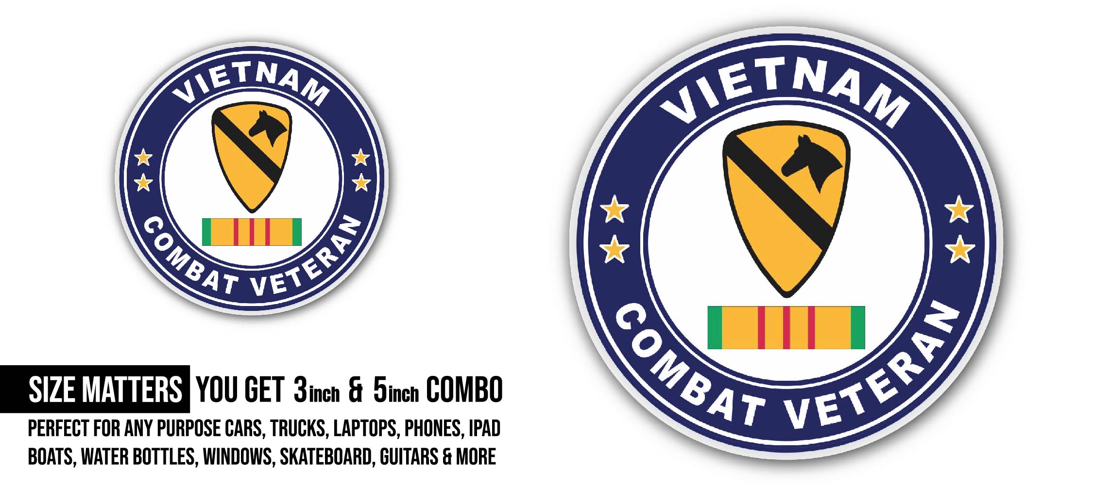 1st Cavalry Division Vietnam Combat Veteran Sticker, Waterproof Vinyl Decal Sticker Indoor Or Outdoor 2 (Pieces) 3" and 5"