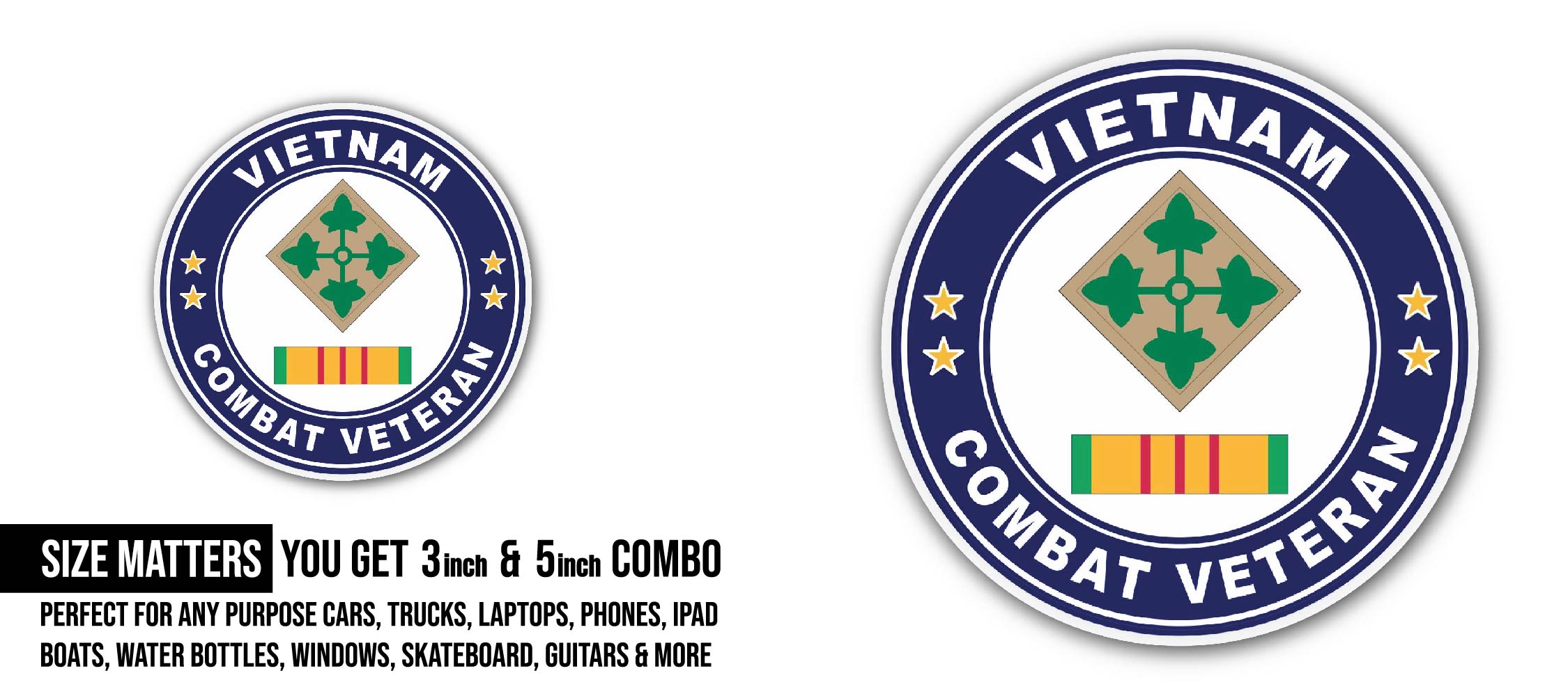 4th Infantry Division Vietnam Combat Veteran Sticker, Waterproof Vinyl Decal Sticker Indoor Or Outdoor 2 (Pieces) 3" and 5"