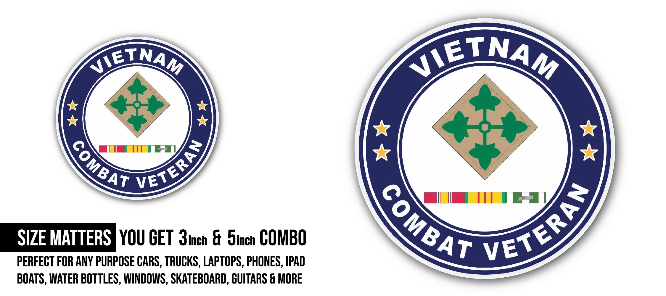 4th Infantry Division Vietnam Combat Veteran with Ribbons Sticker, Waterproof Vinyl Decal Sticker Indoor Or Outdoor 2 (Pieces) 3" and 5"