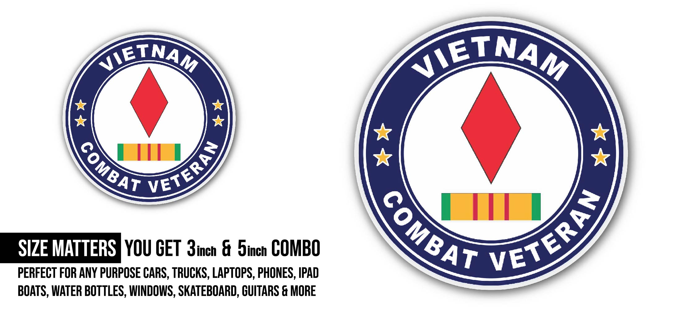 5th Infantry Division Vietnam Combat Veteran with Ribbon Sticker, Waterproof Vinyl Decal Sticker Indoor Or Outdoor 2 (Pieces) 3" and 5"