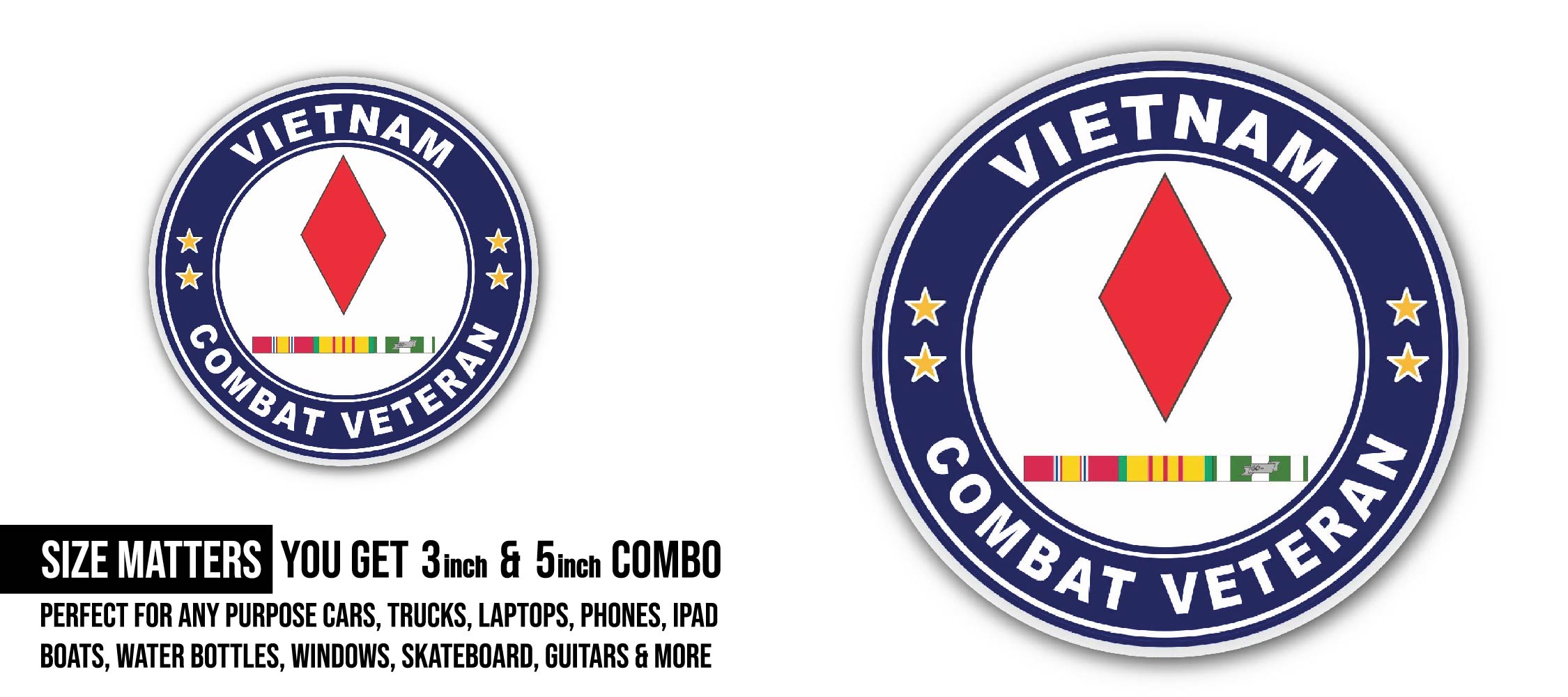 5th Infantry Division Vietnam Combat Veteran with Ribbons Sticker, Waterproof Vinyl Decal Sticker Indoor Or Outdoor 2 (Pieces) 3" and 5"