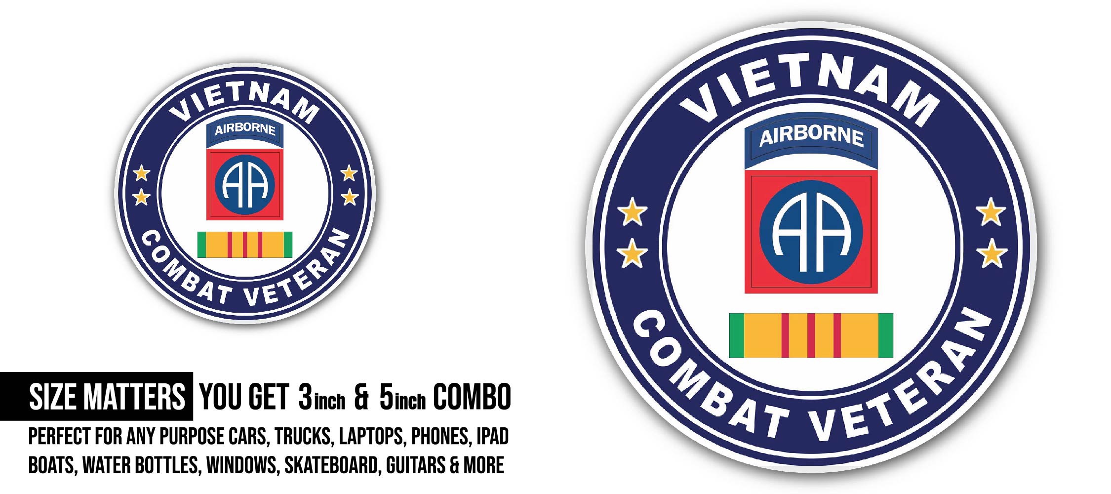 82nd Airborne Division Vietnam Combat Veteran Sticker, Waterproof Vinyl Decal Sticker Indoor Or Outdoor 2 (Pieces) 3" and 5"