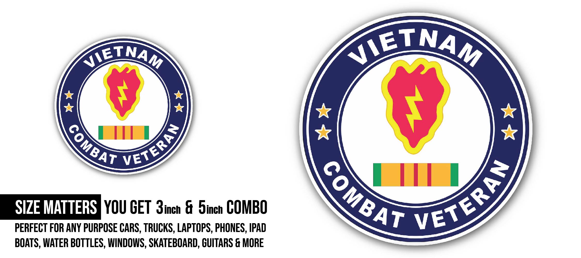 25th Infantry Division Vietnam Combat Veteran Sticker, Waterproof Vinyl Decal Sticker Indoor Or Outdoor 2 (Pieces) 3" and 5"