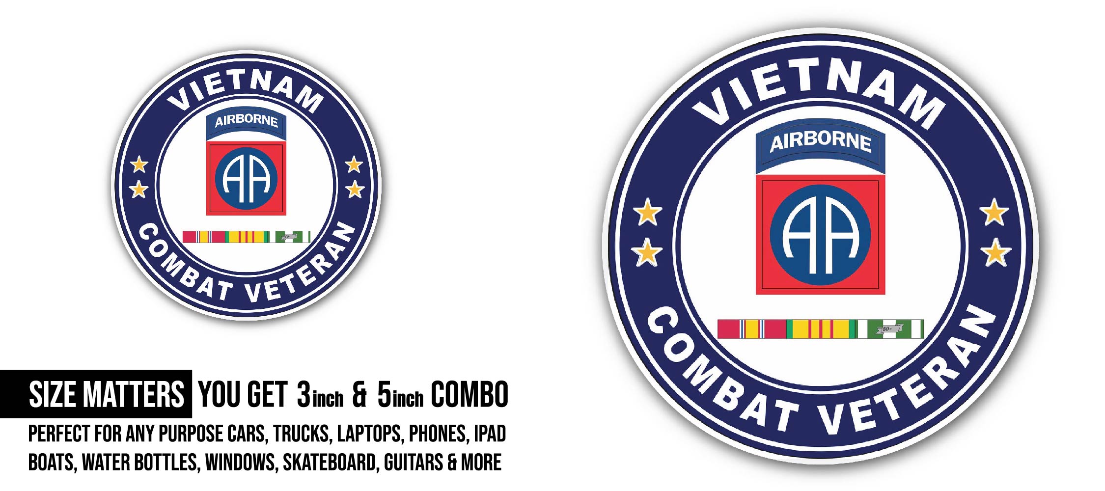 82nd Airborne Division Vietnam Service Combat Veteran Sticker, Waterproof Vinyl Decal Sticker Indoor Or Outdoor 2 (Pieces) 3" and 5"