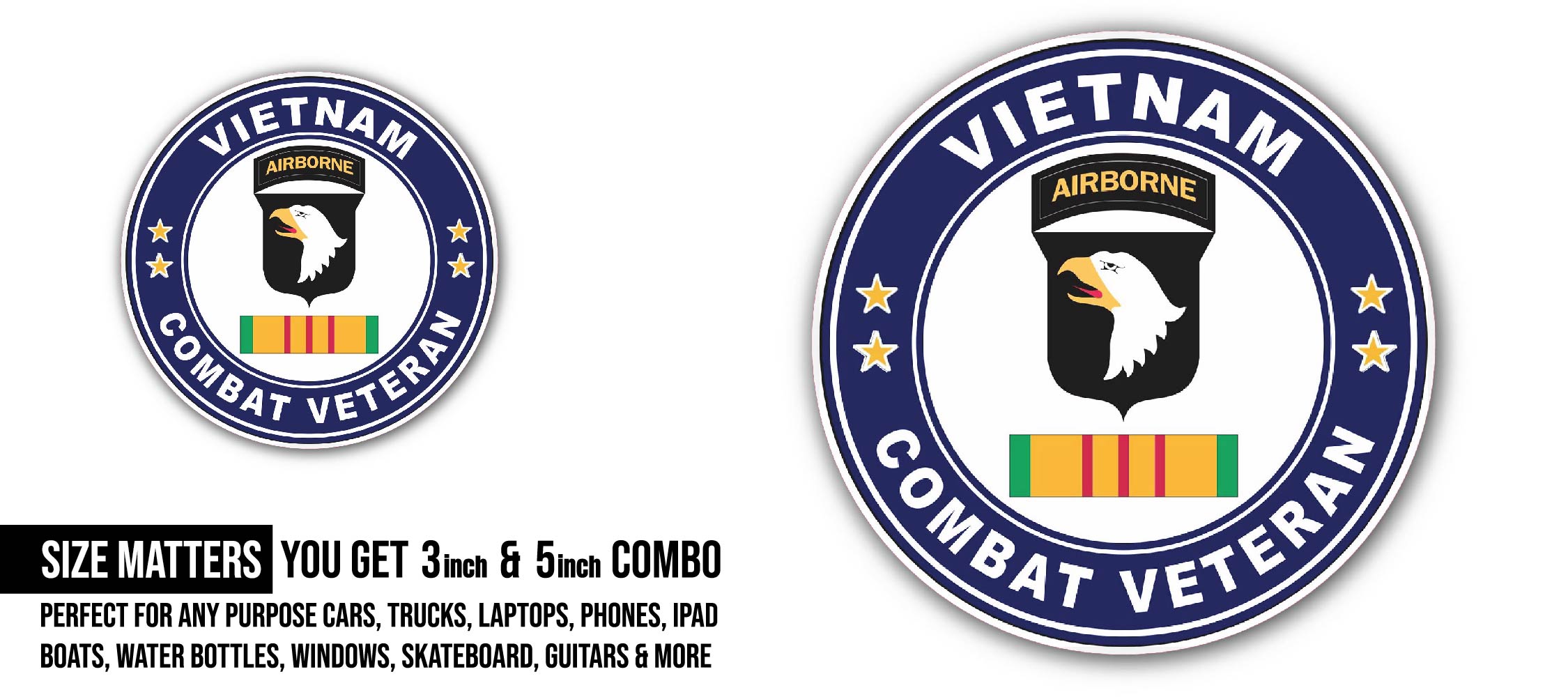 101st Airborne Division Vietnam Combat Veteran Sticker, Waterproof Vinyl Decal Sticker Indoor Or Outdoor 2 (Pieces) 3" and 5"