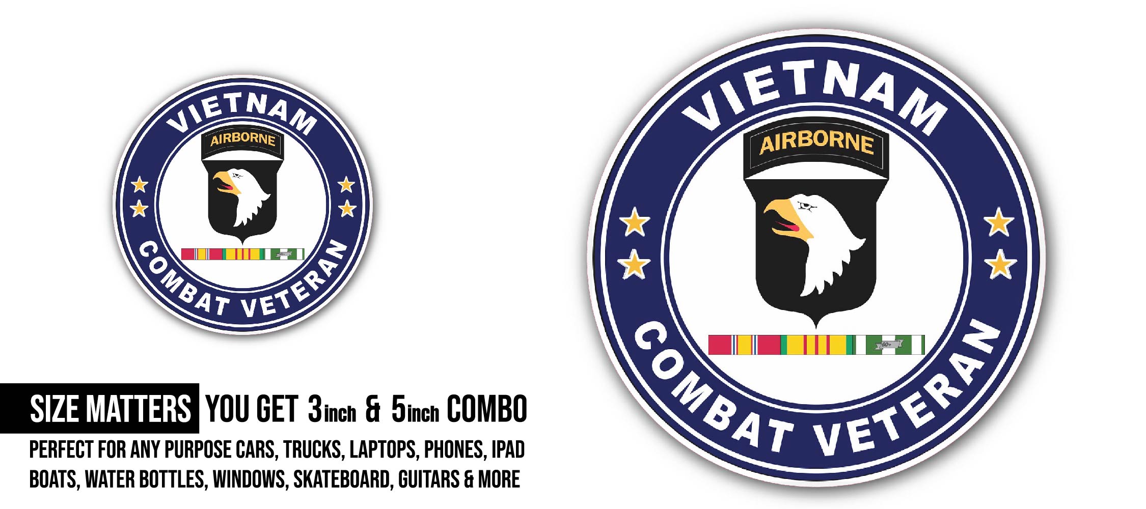 101st Airborne Division Vietnam Service Combat Veteran Sticker, Waterproof Vinyl Decal Sticker Indoor Or Outdoor 2 (Pieces) 3" and 5"