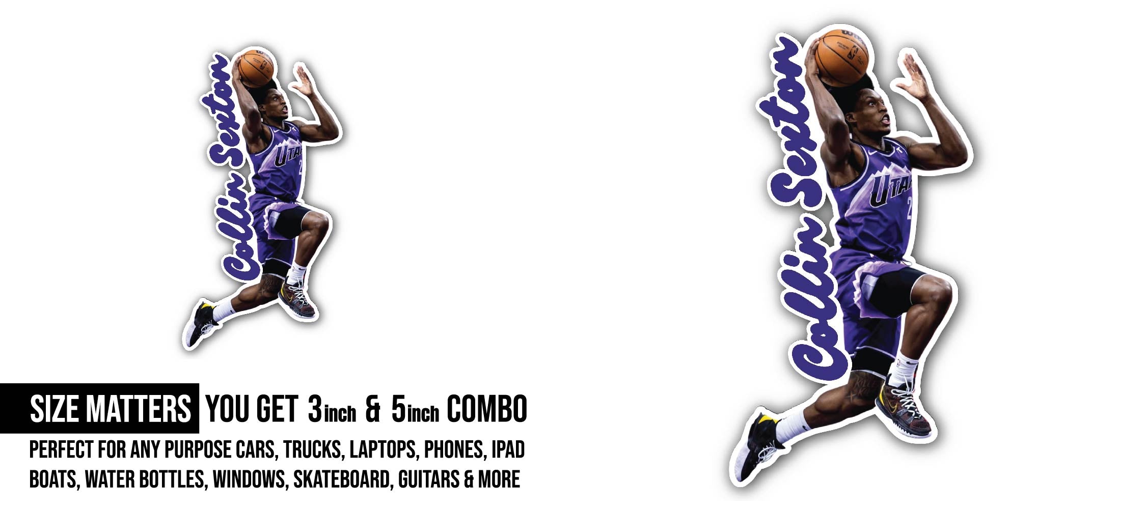 Collin Sexton in Action Sticker, Waterproof Vinyl Decal Sticker Indoor Or Outdoor 2 (Pieces) 3" and 5"