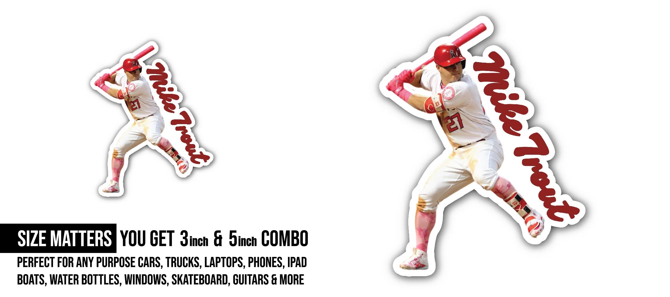 Mike Trout Baseball Star Sticker, Waterproof Vinyl Decal Sticker Indoor Or Outdoor 2 (Pieces) 3" and 5"