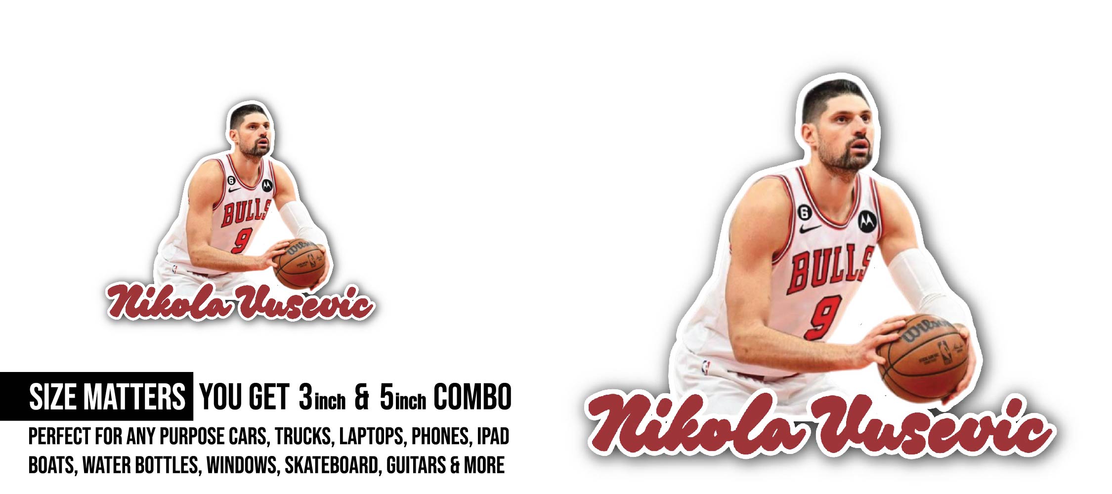 Nikola Vučević Chicago Bulls Sticker, Waterproof Vinyl Decal Sticker Indoor Or Outdoor 2 (Pieces) 3" and 5"