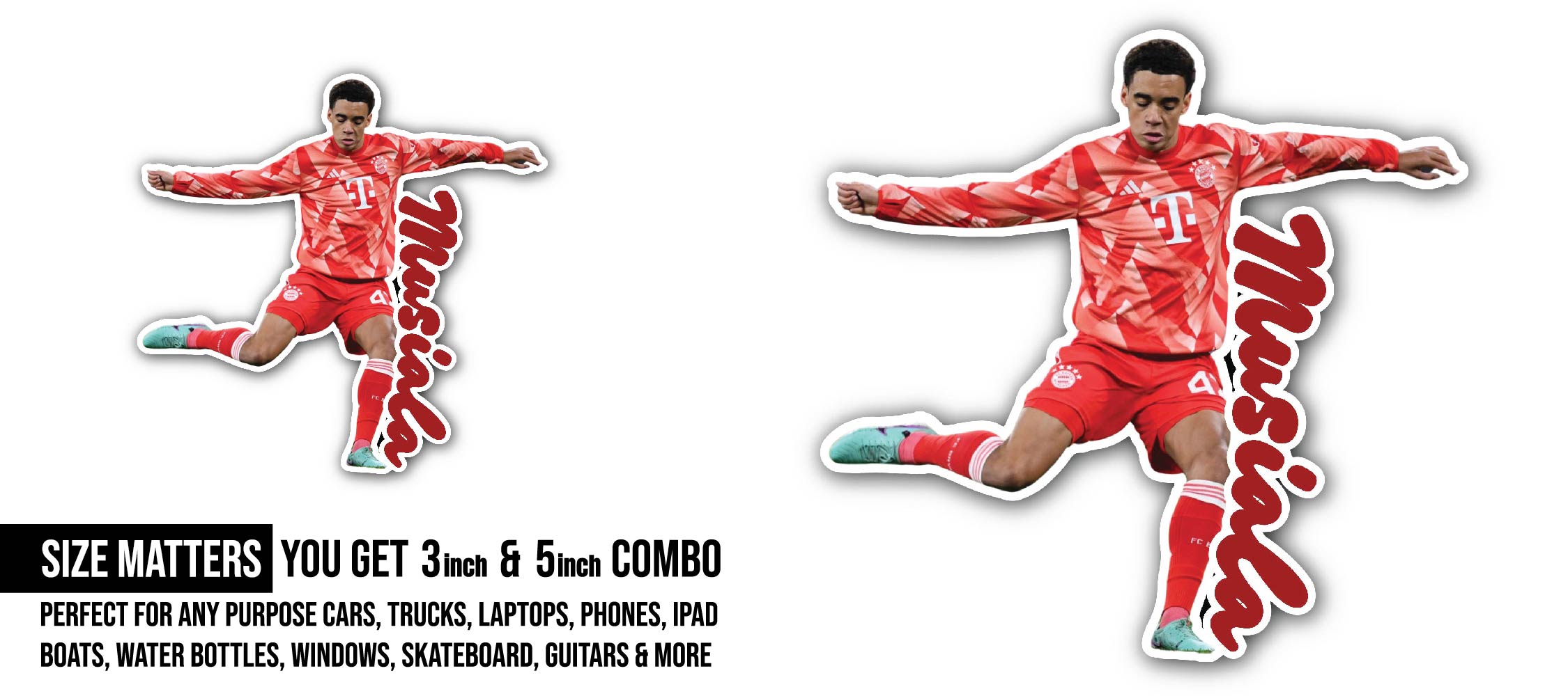 Jamal Musiala Sticker, Waterproof Vinyl Decal Sticker Indoor Or Outdoor 2 (Pieces) 3" and 5"
