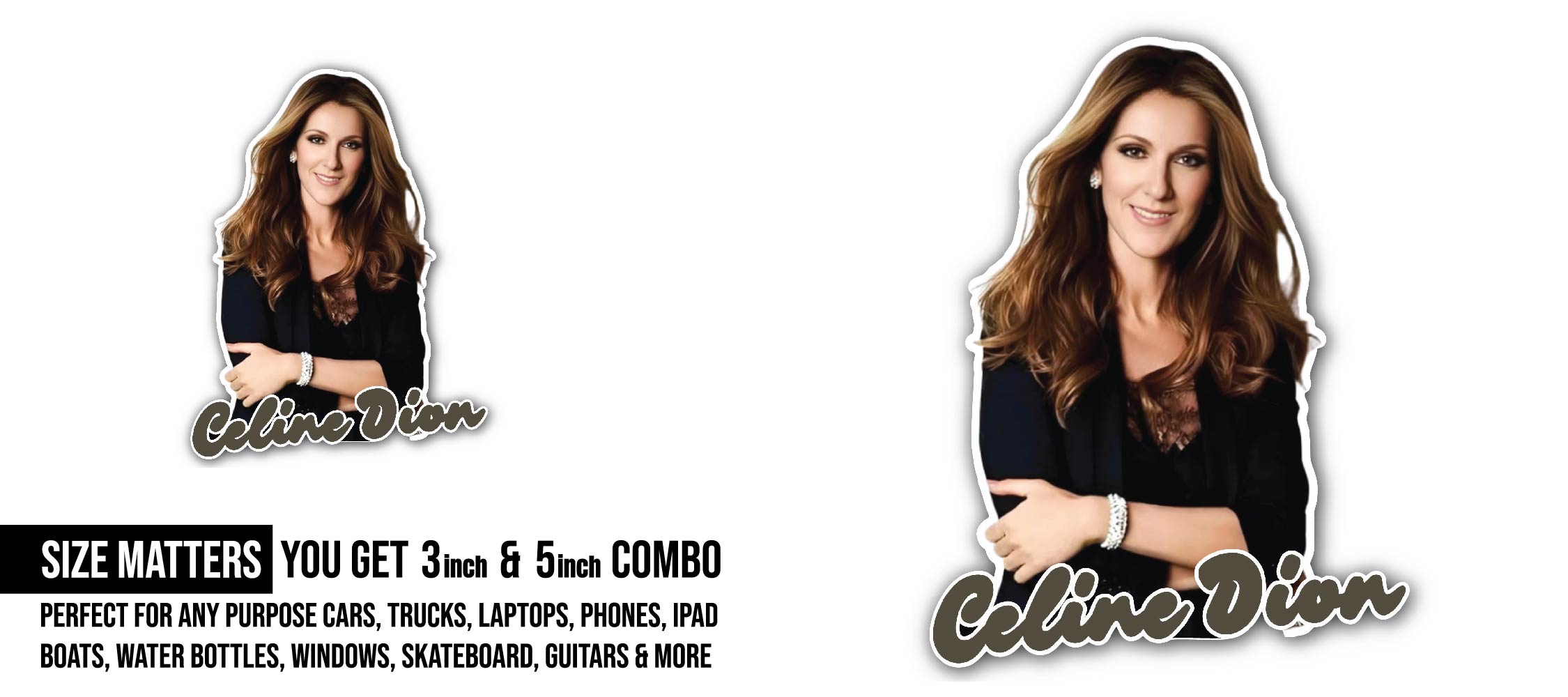 Celine Dion Sticker, Waterproof Vinyl Decal Sticker Indoor Or Outdoor 2 (Pieces) 3" and 5"