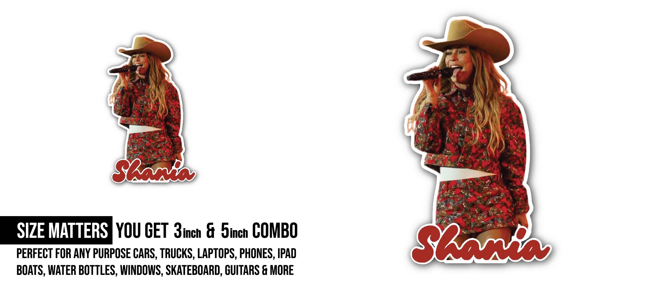 Shania Twain Sticker, Waterproof Vinyl Decal Sticker Indoor Or Outdoor 2 (Pieces) 3" and 5"