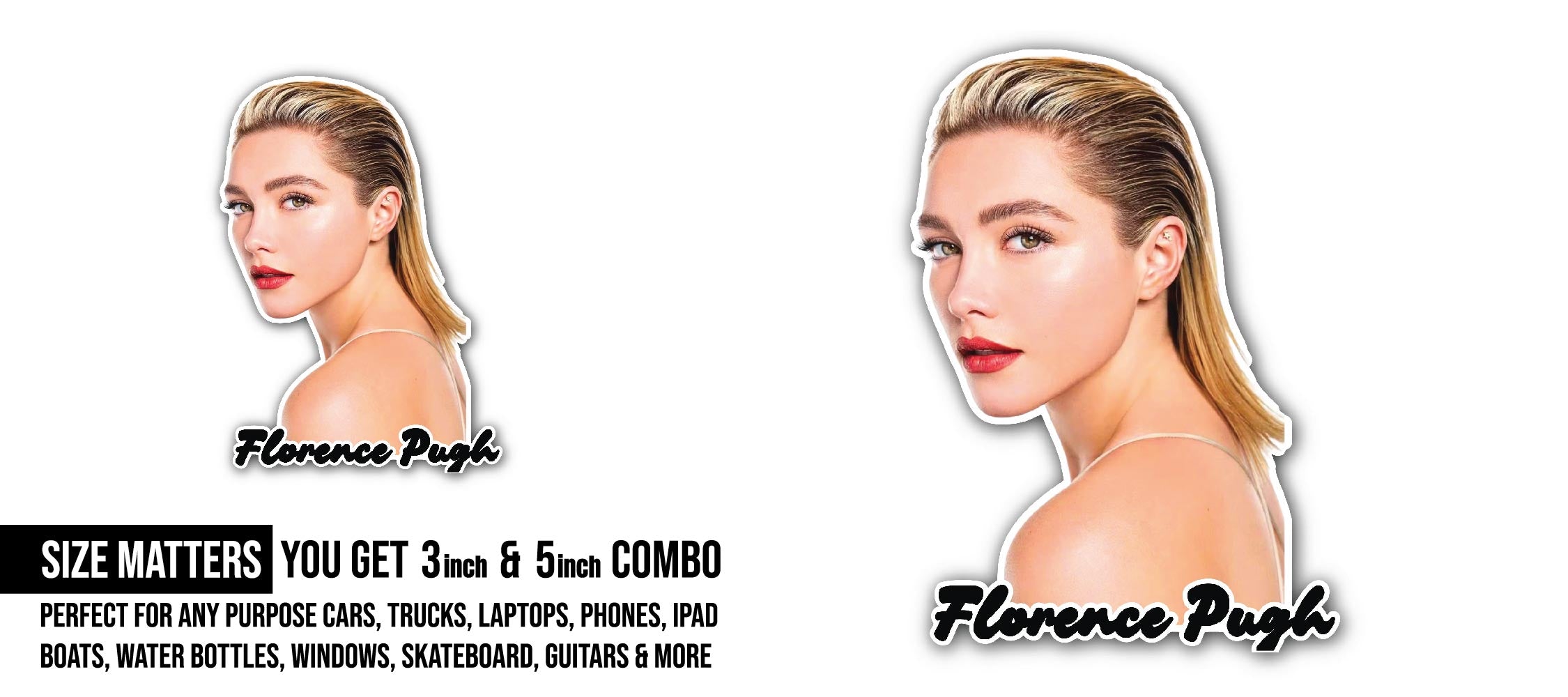 Florence Pugh Sticker, Waterproof Vinyl Decal Sticker Indoor Or Outdoor 2 (Pieces) 3" and 5"
