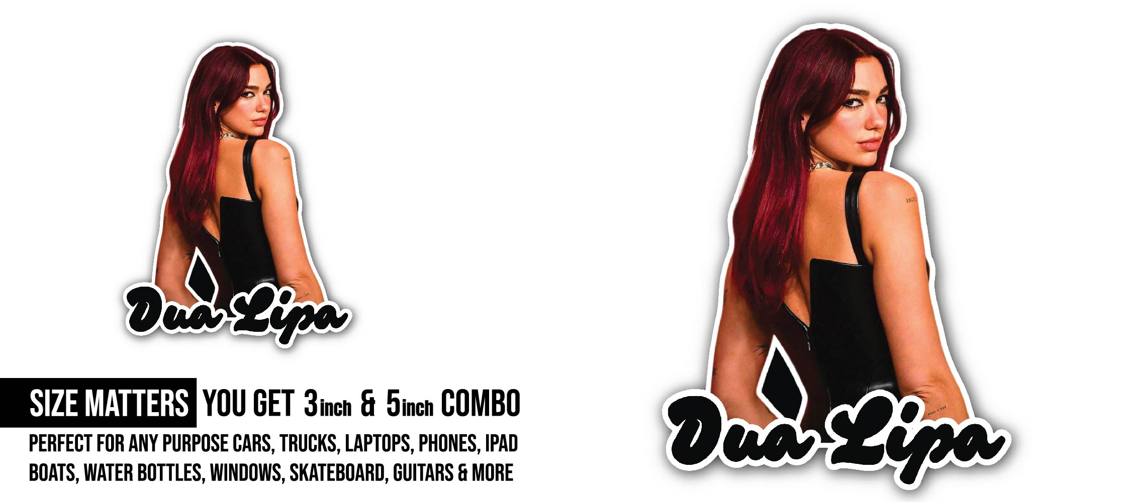 Dua Lipa Portrait Sticker, Waterproof Vinyl Decal Sticker Indoor Or Outdoor 2 (Pieces) 3" and 5"