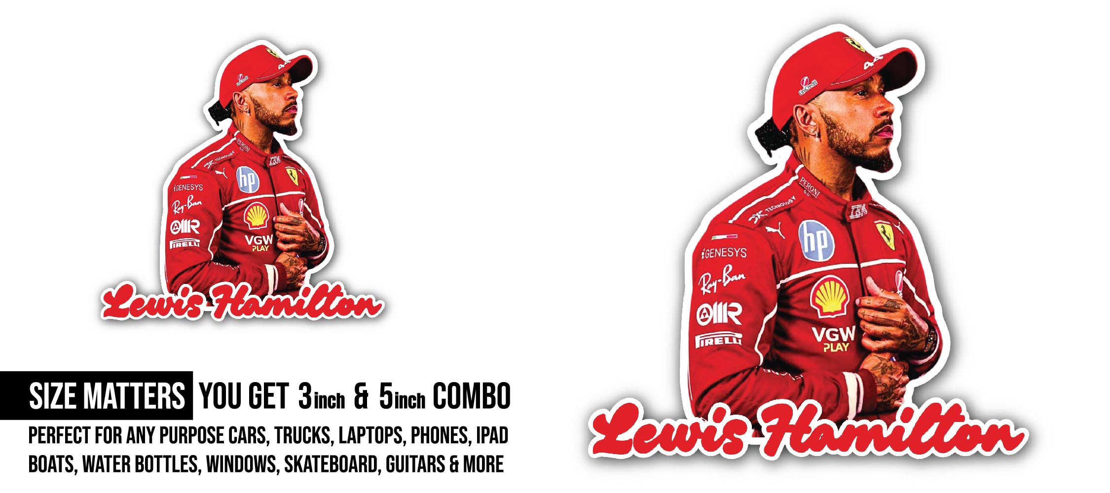 Lewis Hamilton Sticker, Waterproof Vinyl Decal Sticker Indoor Or Outdoor 2 (Pieces) 3" and 5"