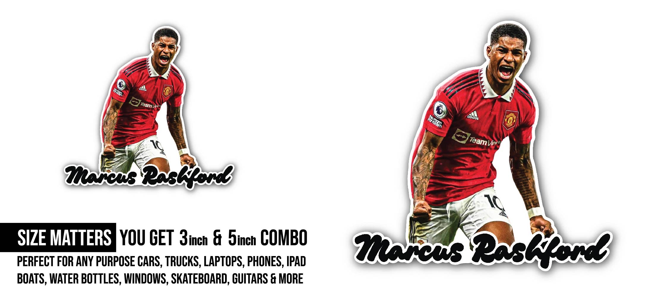 Marcus Rashford Sticker, Waterproof Vinyl Decal Sticker Indoor Or Outdoor 2 (Pieces) 3" and 5"