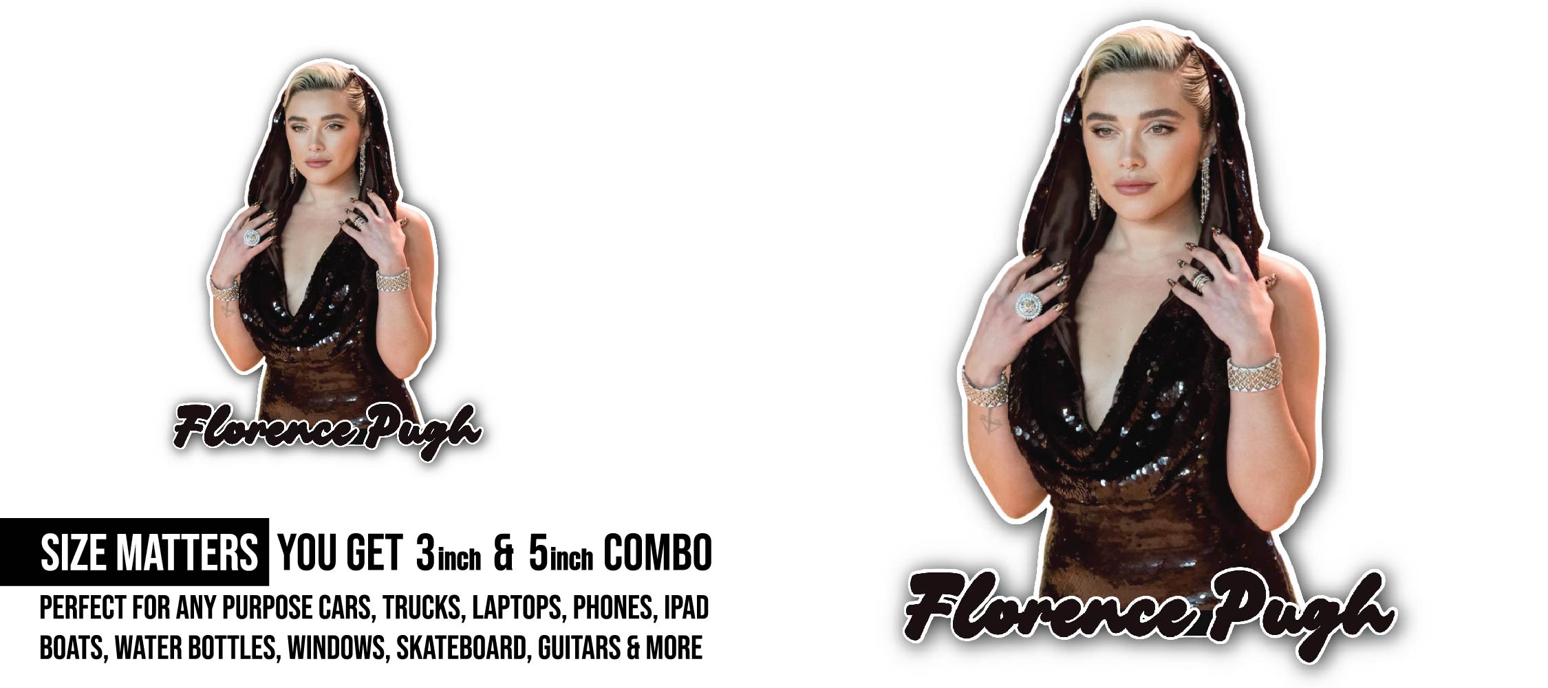 Florence Pugh Portrait Sticker, Waterproof Vinyl Decal Sticker Indoor Or Outdoor 2 (Pieces) 3" and 5"