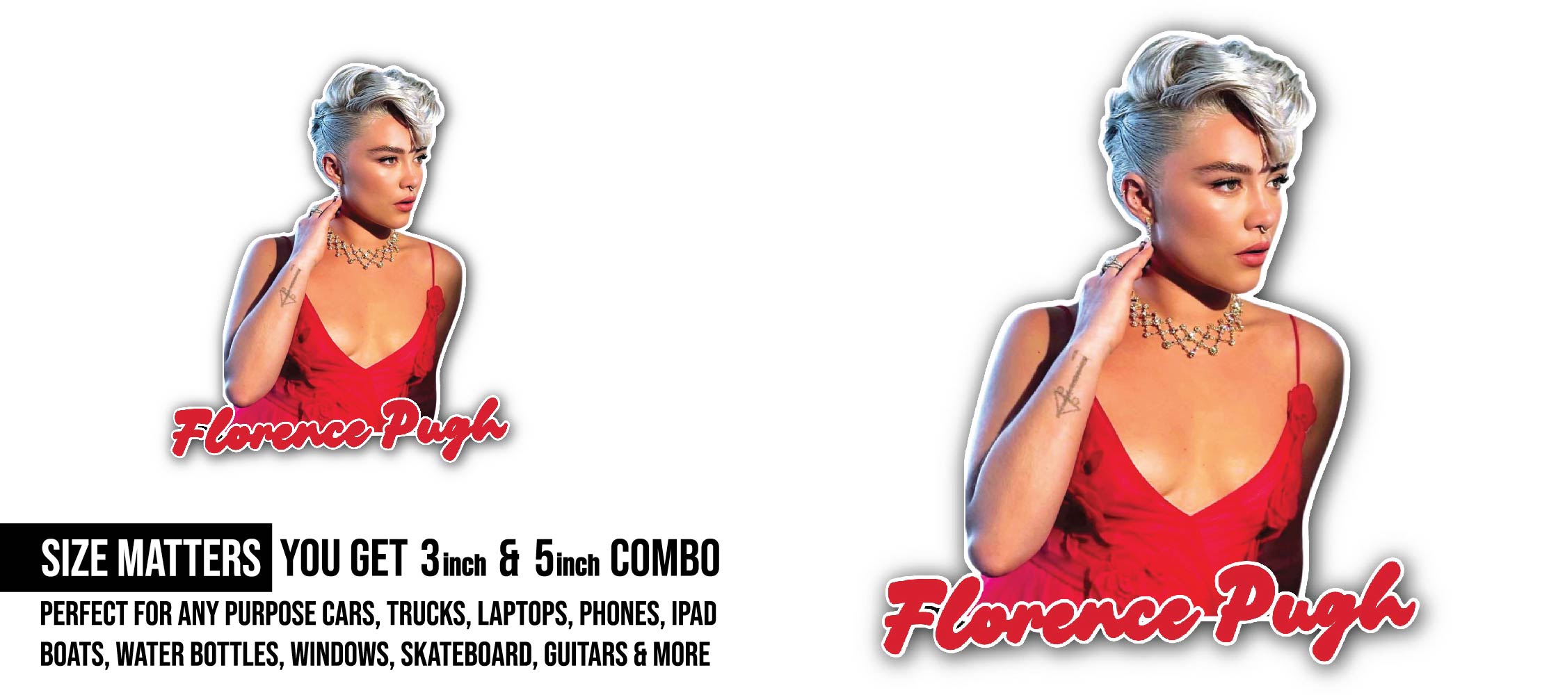 Florence Pugh Red Dress Sticker, Waterproof Vinyl Decal Sticker Indoor Or Outdoor 2 (Pieces) 3" and 5"