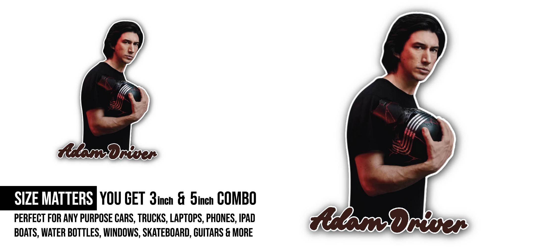 Adam Driver Sticker, Waterproof Vinyl Decal Sticker Indoor Or Outdoor 2 (Pieces) 3" and 5"