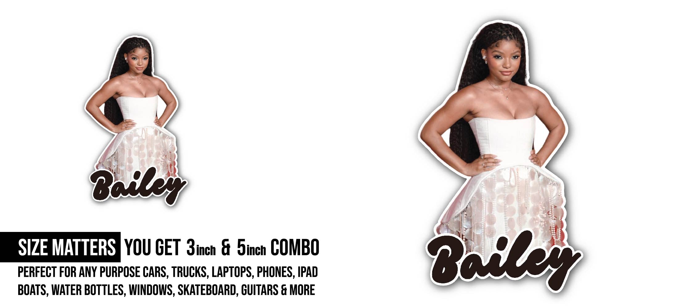 Halle Bailey Sticker, Waterproof Vinyl Decal Sticker Indoor Or Outdoor 2 (Pieces) 3" and 5"