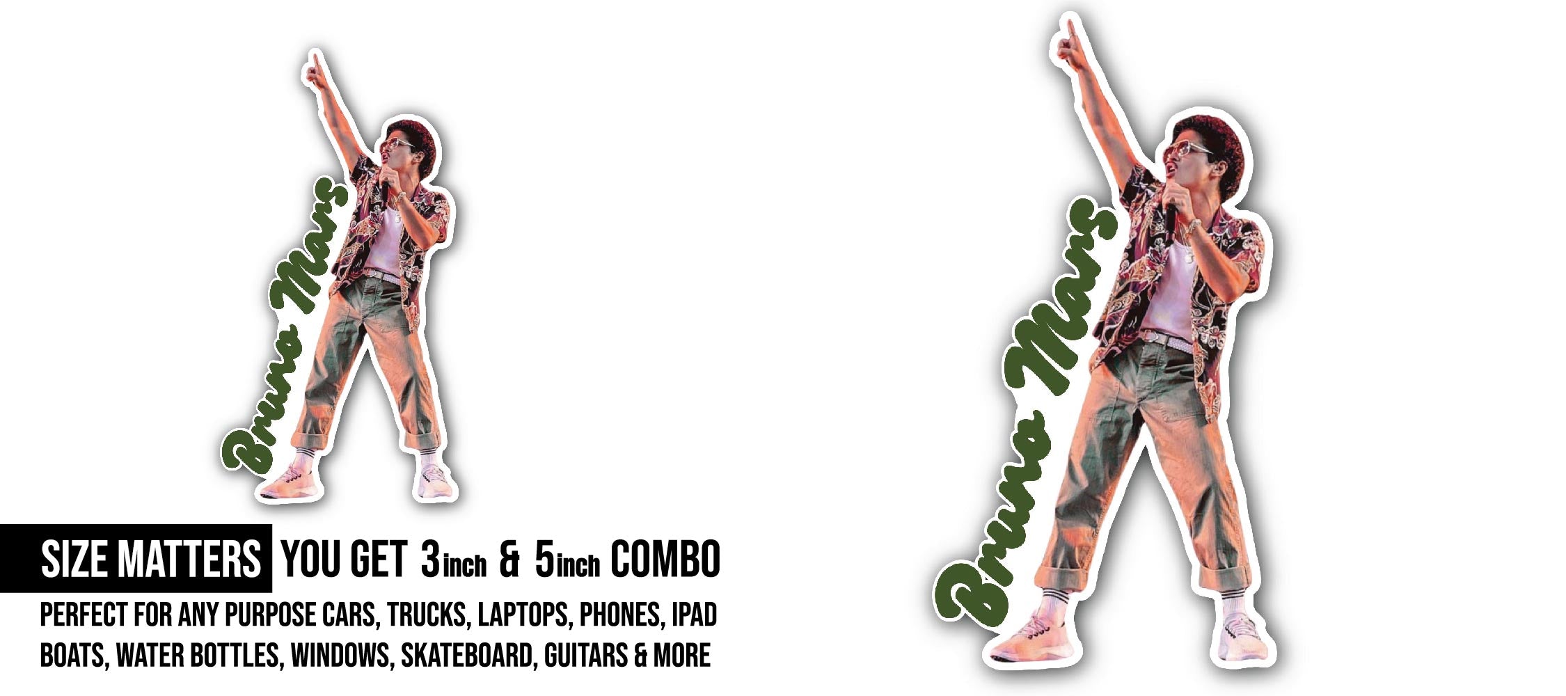 Bruno Mars Performance Sticker, Waterproof Vinyl Decal Sticker Indoor Or Outdoor 2 (Pieces) 3" and 5"