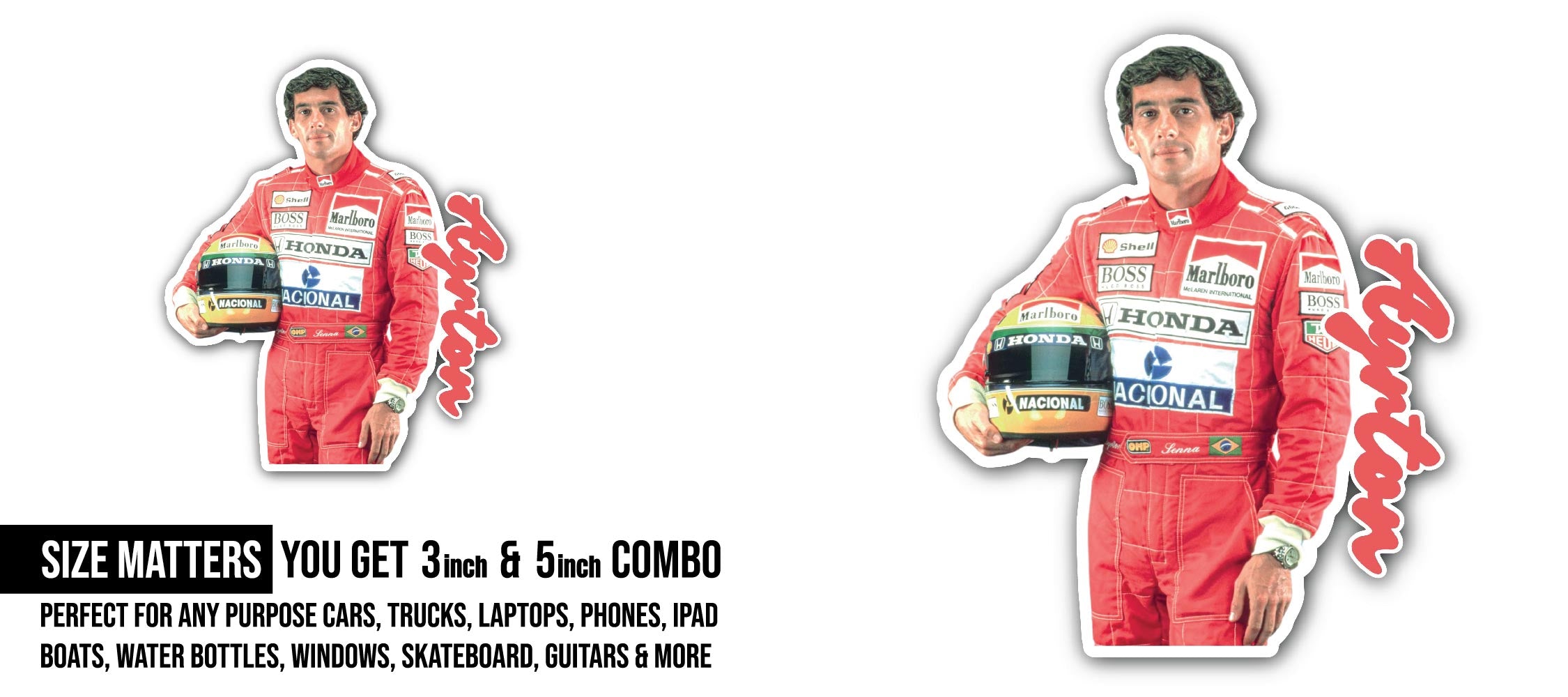 Ayrton Senna Sticker, Waterproof Vinyl Decal Sticker Indoor Or Outdoor 2 (Pieces) 3" and 5"