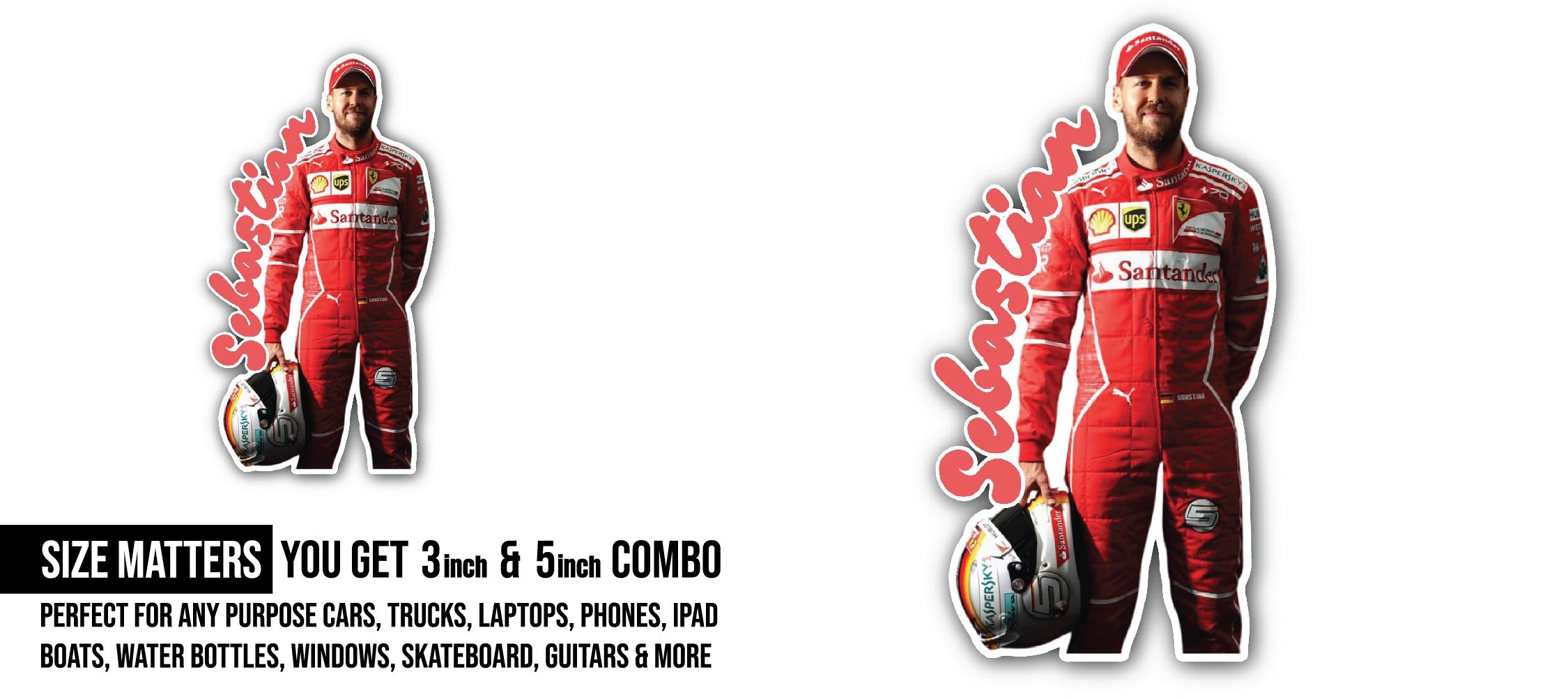 Sebastian Vettel Sticker, Waterproof Vinyl Decal Sticker Indoor Or Outdoor 2 (Pieces) 3" and 5"