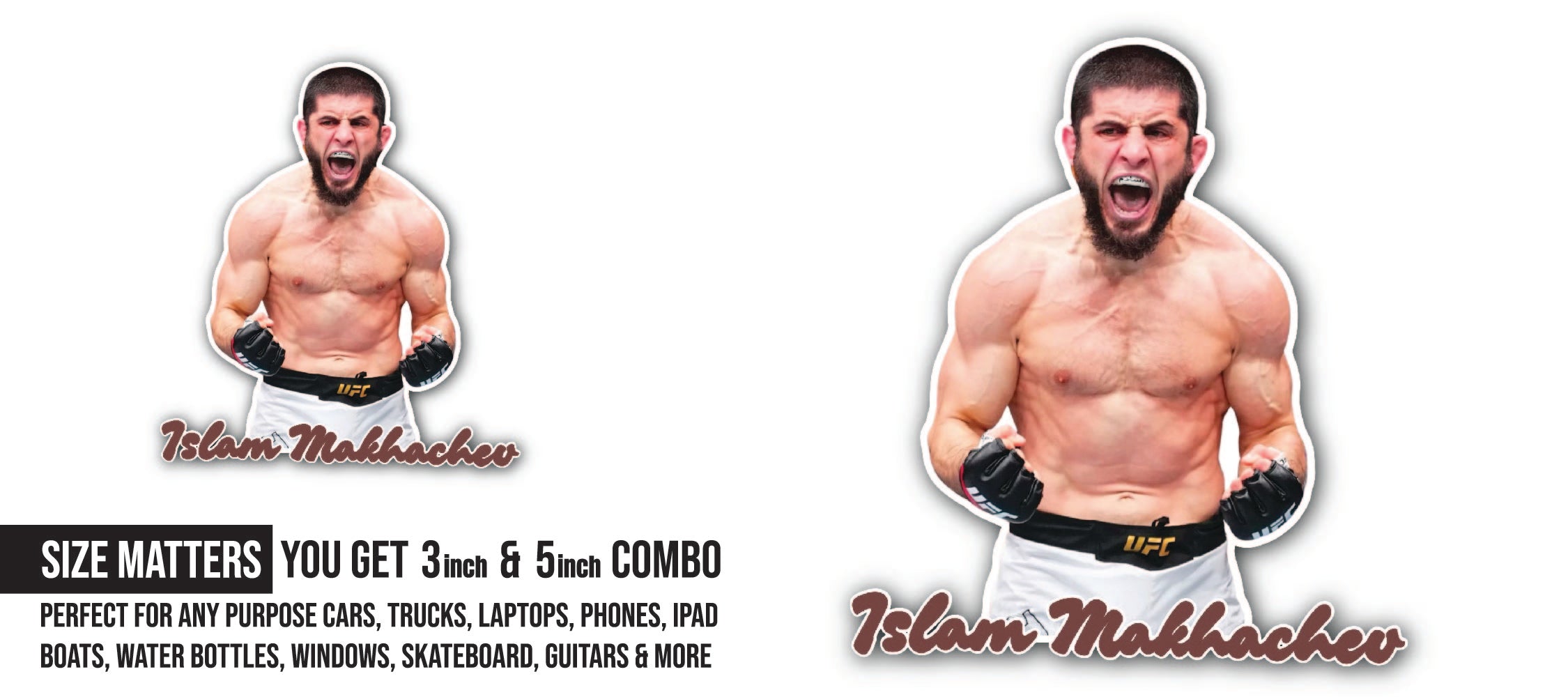 Islam Makhachev Sticker, Waterproof Vinyl Decal Sticker Indoor Or Outdoor 2 (Pieces) 3" and 5"