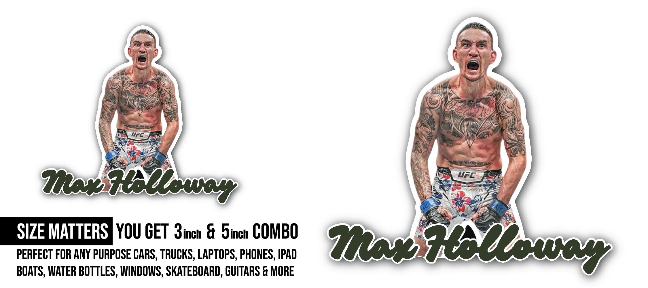 Max Holloway Sticker, Waterproof Vinyl Decal Sticker Indoor Or Outdoor 2 (Pieces) 3" and 5"