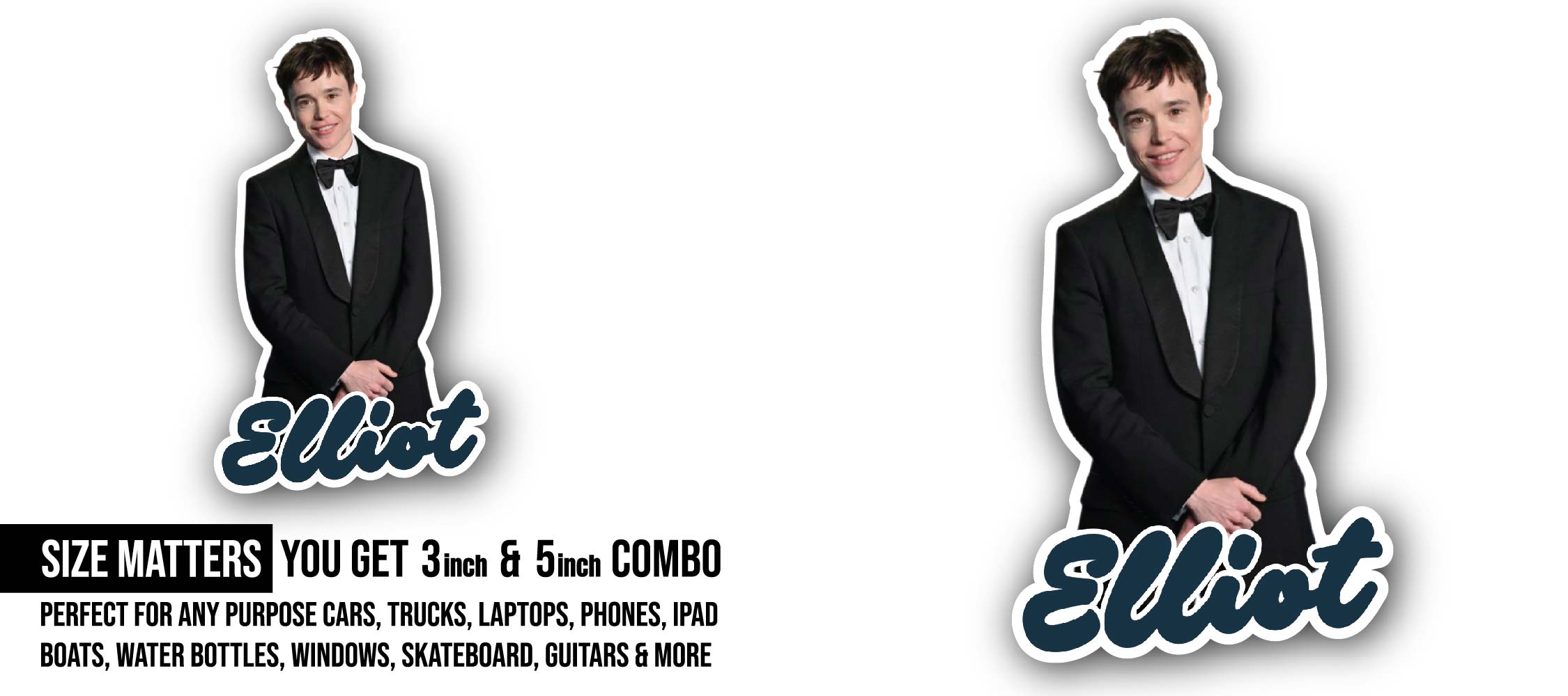 Elliot Page Sticker, Waterproof Vinyl Decal Sticker Indoor Or Outdoor 2 (Pieces) 3" and 5"