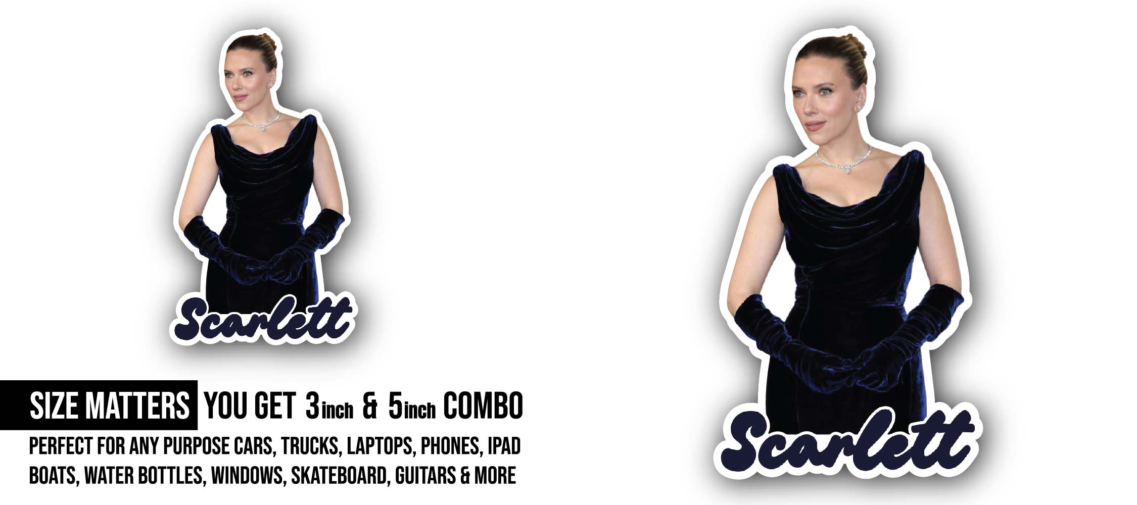 Scarlett Sticker, Waterproof Vinyl Decal Sticker Indoor Or Outdoor 2 (Pieces) 3" and 5"