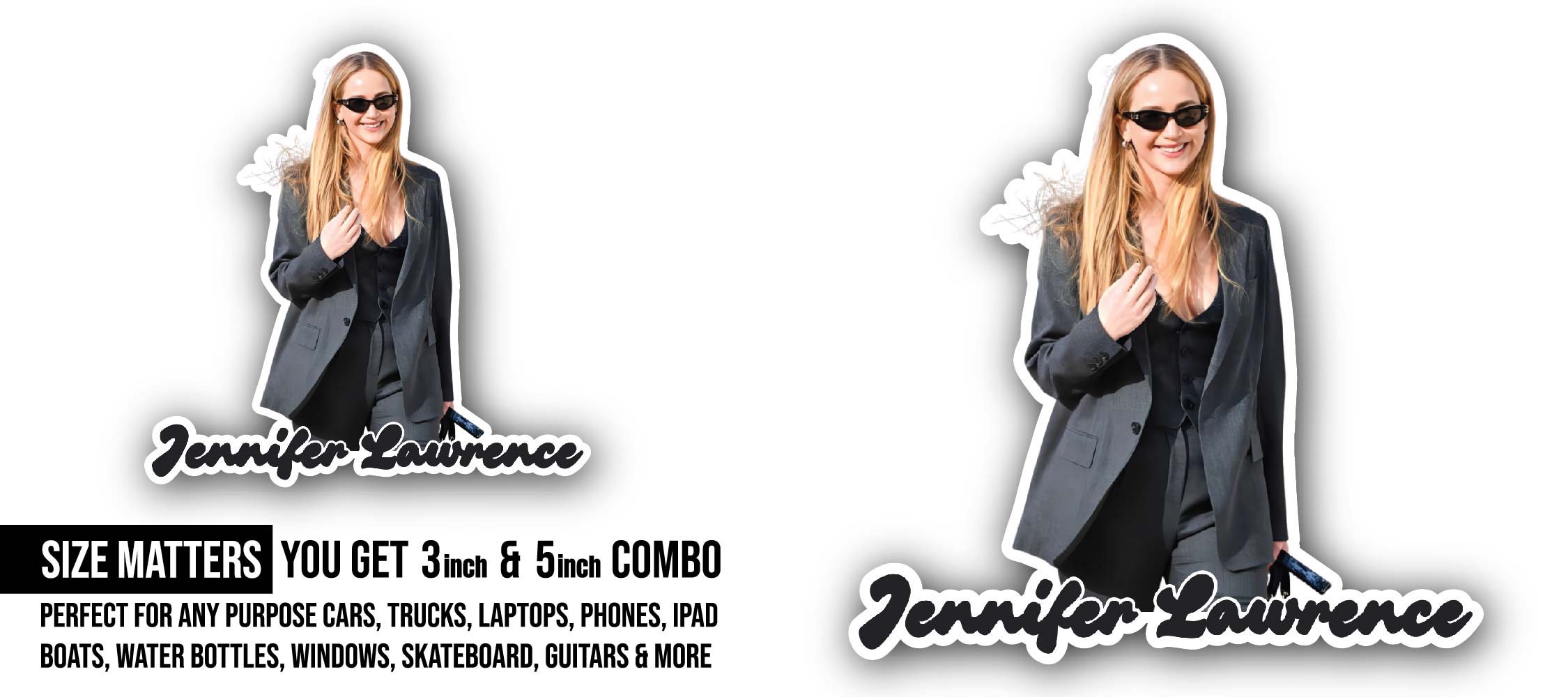 Jennifer Lawrence Sticker, Waterproof Vinyl Decal Sticker Indoor Or Outdoor 2 (Pieces) 3" and 5"