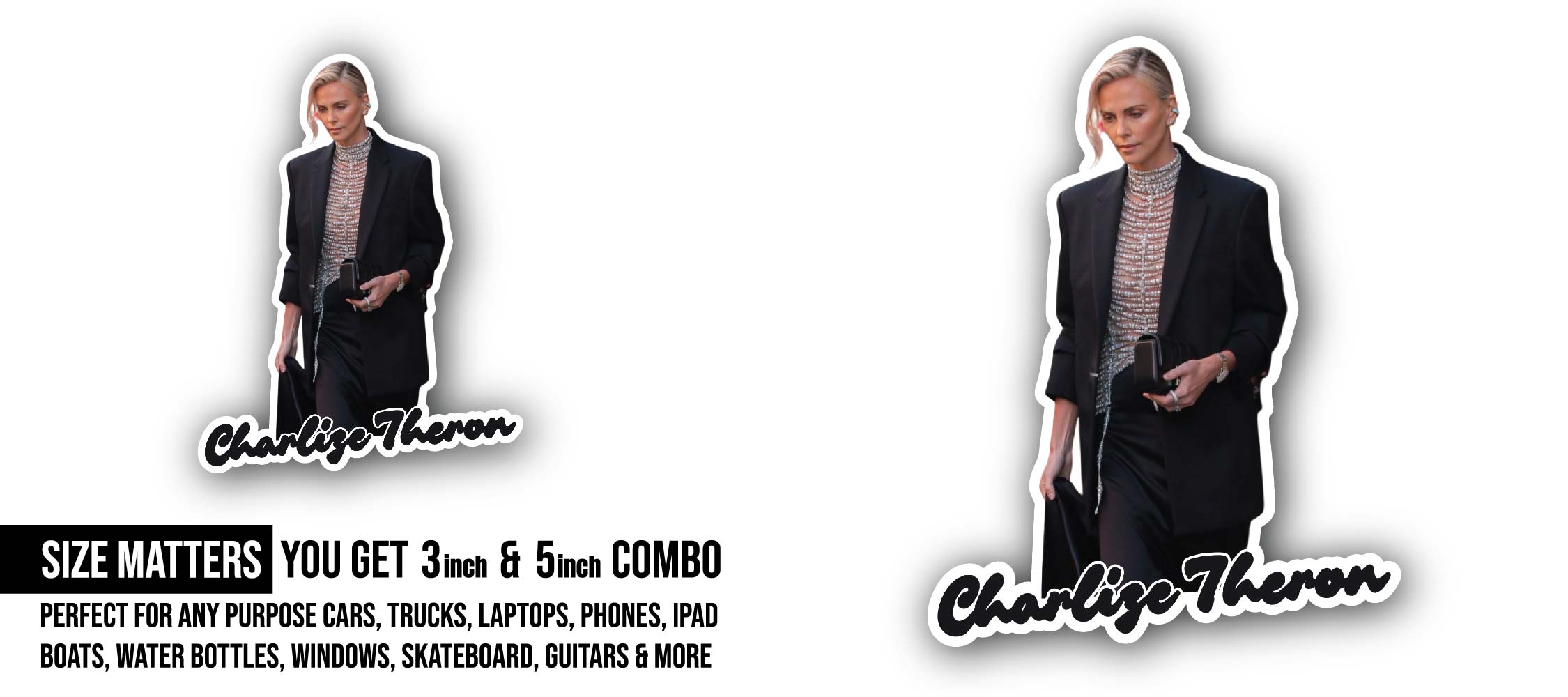 Charlize Theron Sticker, Waterproof Vinyl Decal Sticker Indoor Or Outdoor 2 (Pieces) 3" and 5"