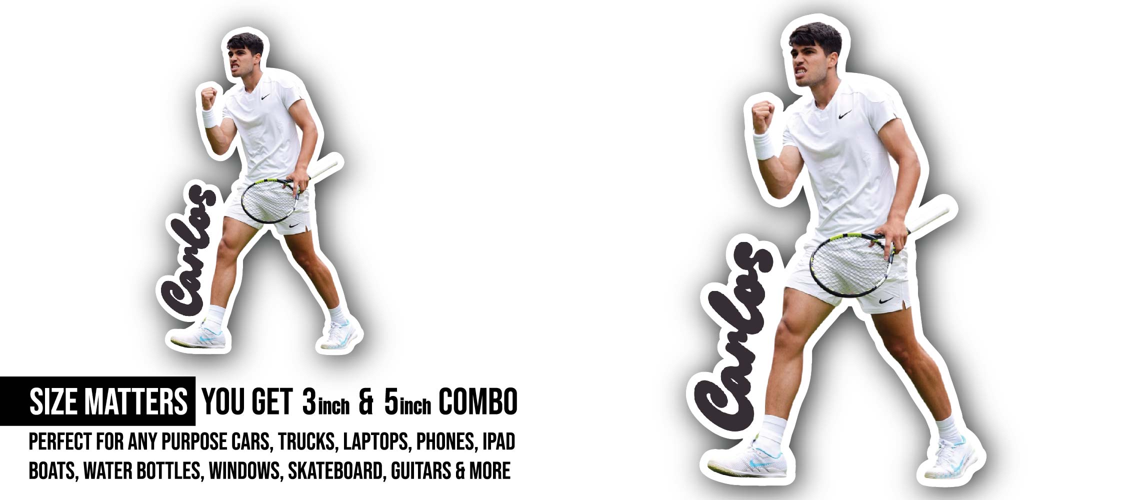 Carlos Alcaraz Sticker, Waterproof Vinyl Decal Sticker Indoor Or Outdoor 2 (Pieces) 3" and 5"