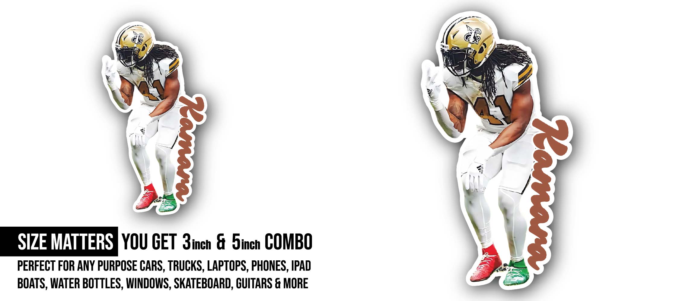 Alvin Kamara Sticker, Waterproof Vinyl Decal Sticker Indoor Or Outdoor 2 (Pieces) 3" and 5"