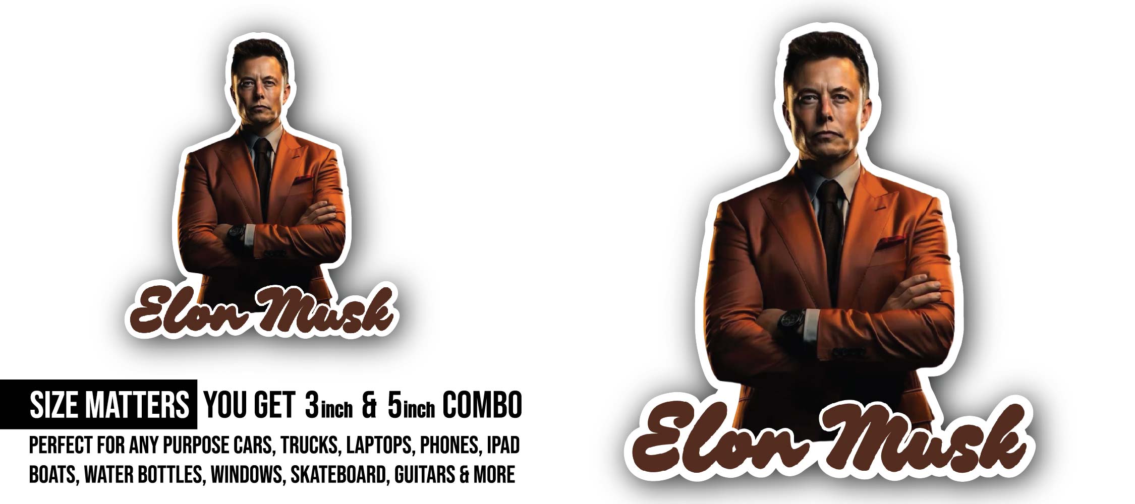 Elon Musk Sticker, Waterproof Vinyl Decal Sticker Indoor Or Outdoor 2 (Pieces) 3" and 5"