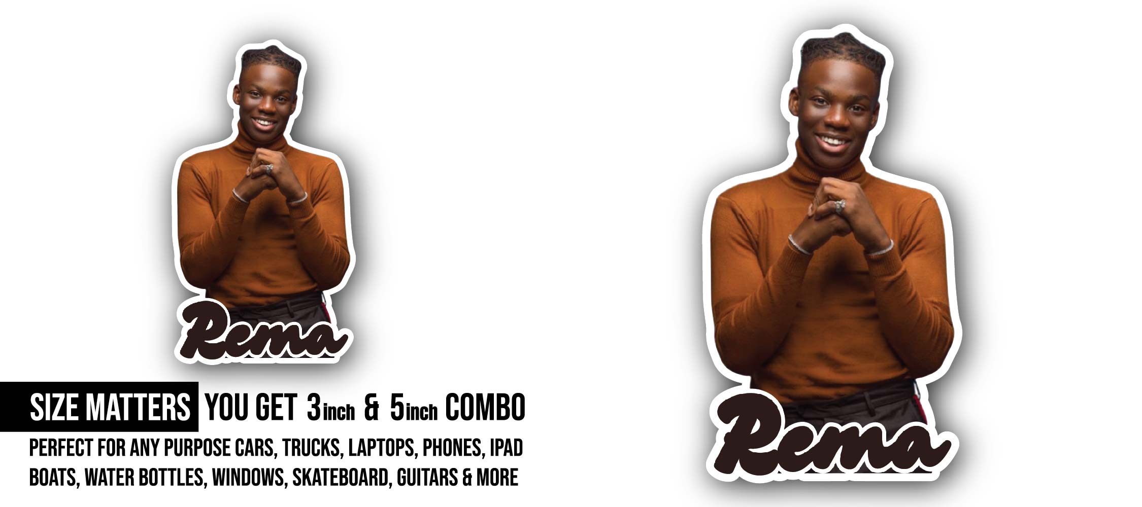 Rema Portrait Sticker, Waterproof Vinyl Decal Sticker Indoor Or Outdoor 2 (Pieces) 3" and 5"