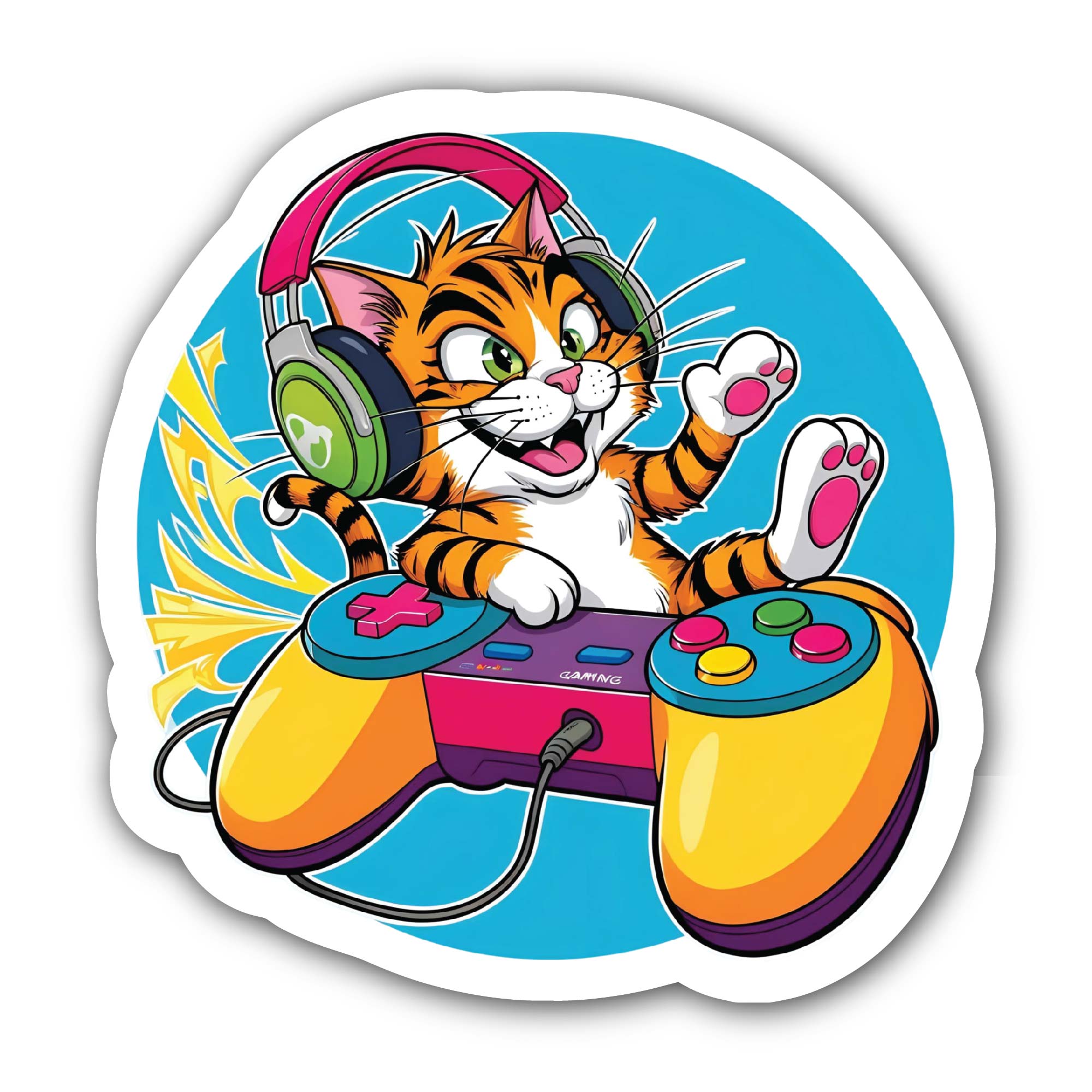 Gamer Cat Sticker, Waterproof Vinyl Decal Sticker Indoor Or Outdoor 2 (Pieces) 3" and 5"