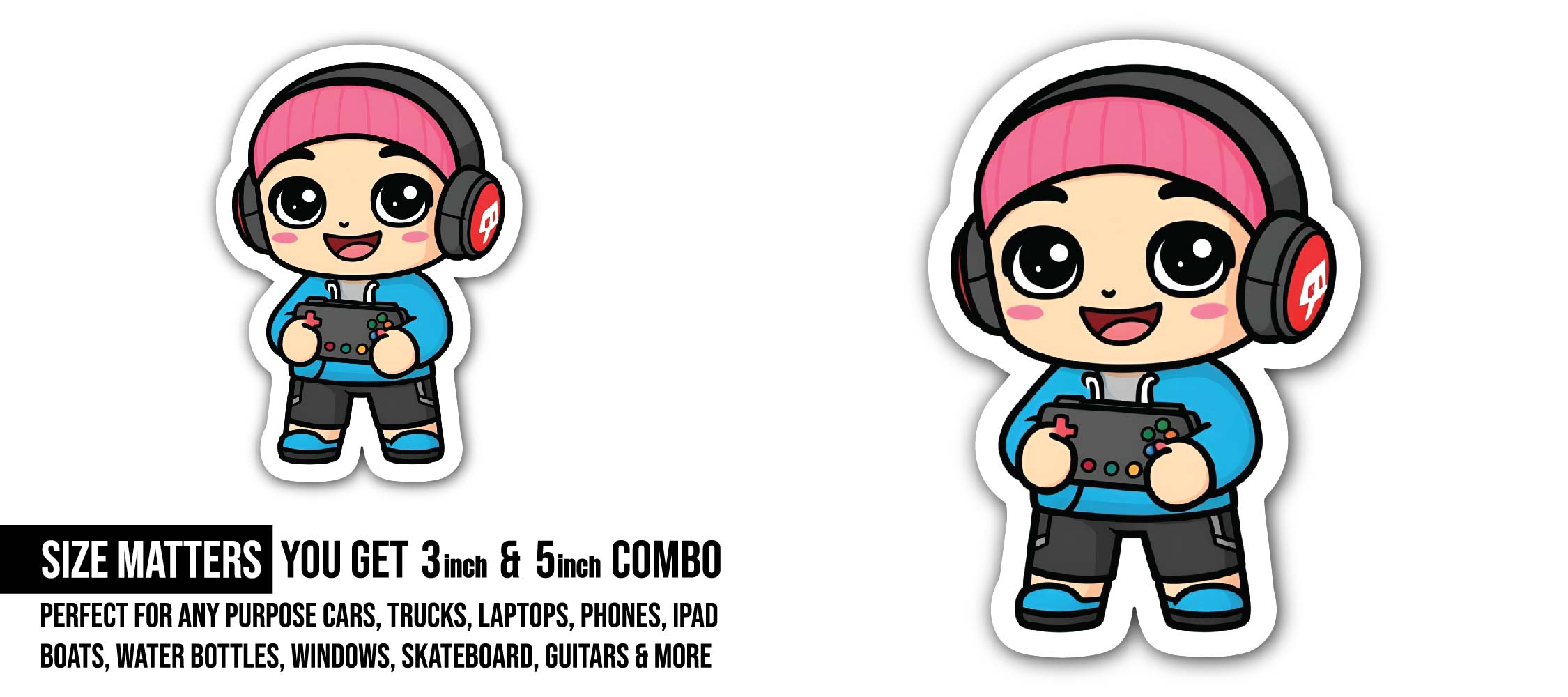 Gamer Kid Sticker, Waterproof Vinyl Decal Sticker Indoor Or Outdoor 2 (Pieces) 3" and 5"