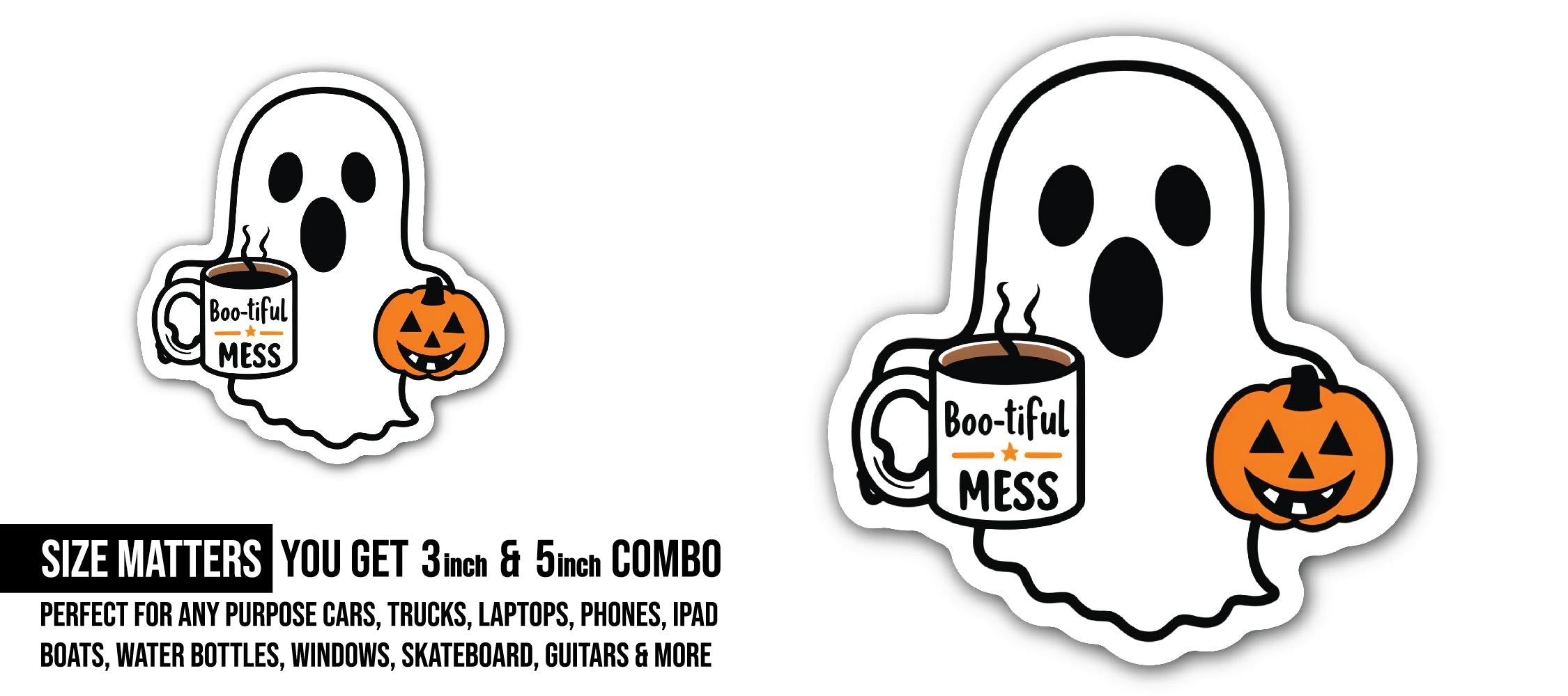 Cute Ghost with cup of coffee Sticker, Waterproof Vinyl Decal Sticker Indoor Or Outdoor 2 (Pieces) 3" and 5"