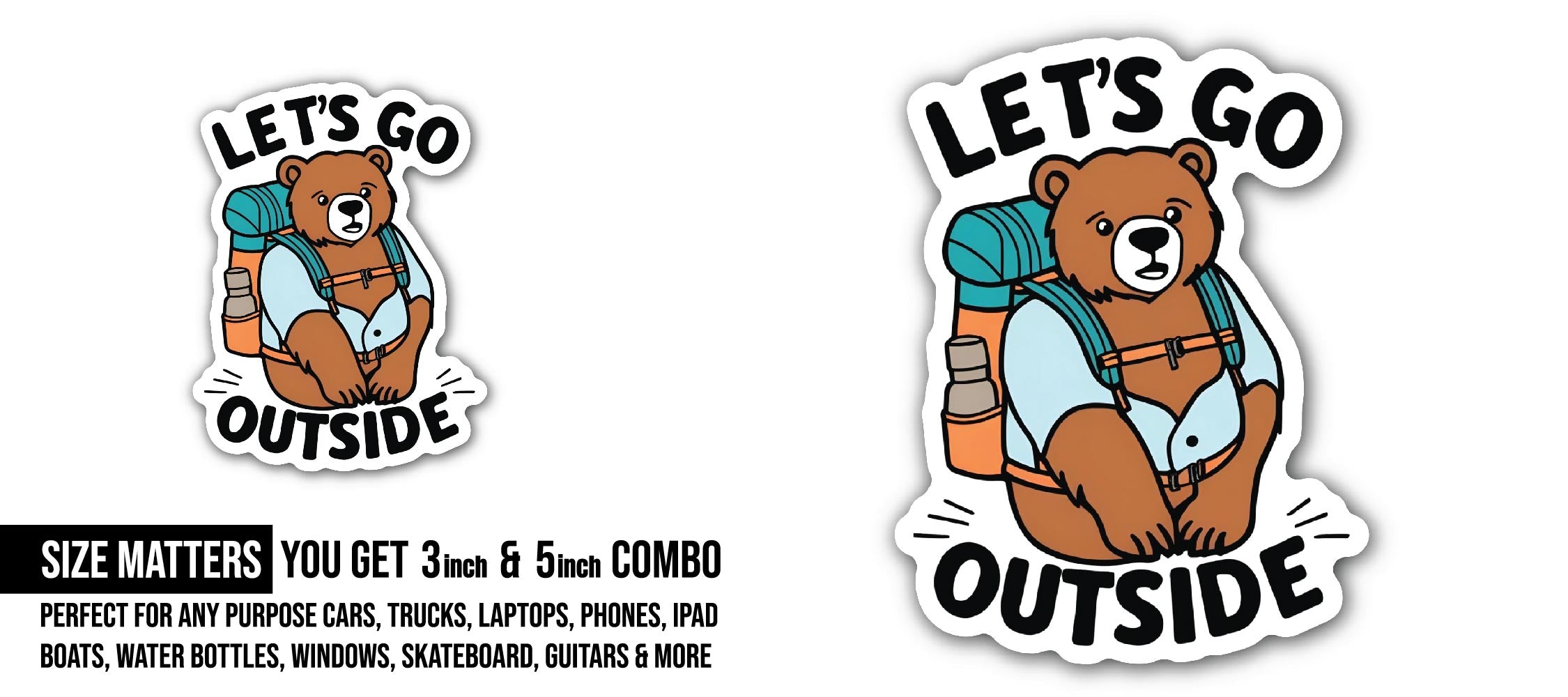 Adventure Bear Sticker, Waterproof Vinyl Decal Sticker Indoor Or Outdoor 2 (Pieces) 3" and 5"